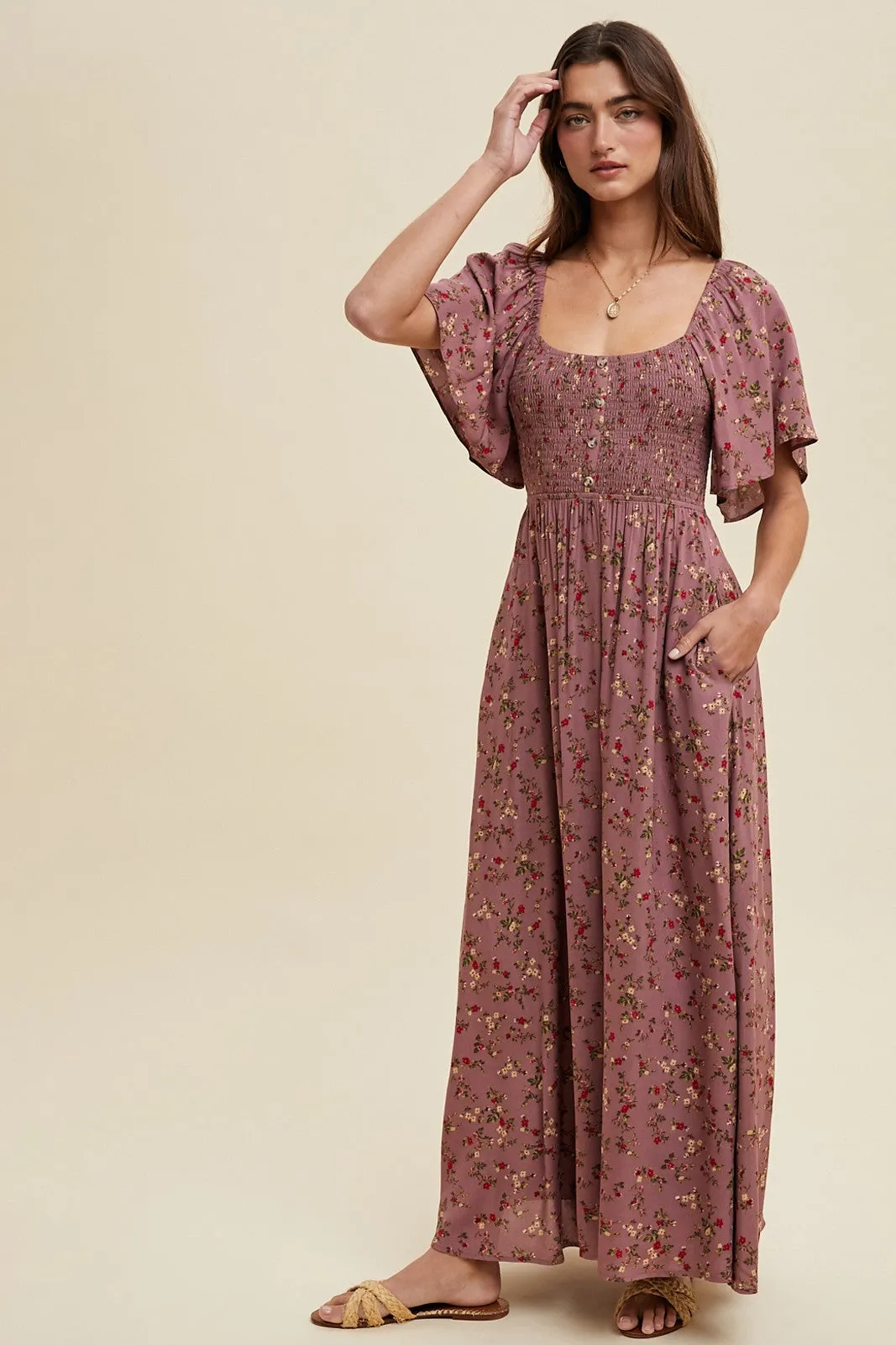 Mauve Floral Smocked Button Front Short Sleeve Maxi Dress sold by Pinkblush product image thumbnail 2