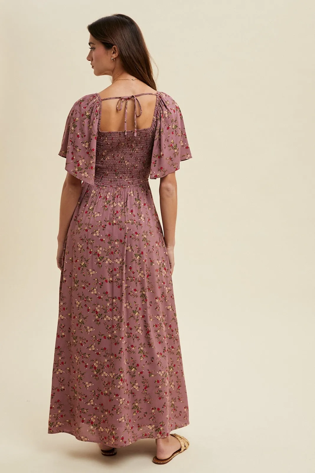 Mauve Floral Smocked Button Front Short Sleeve Maxi Dress sold by Pinkblush product image thumbnail 4