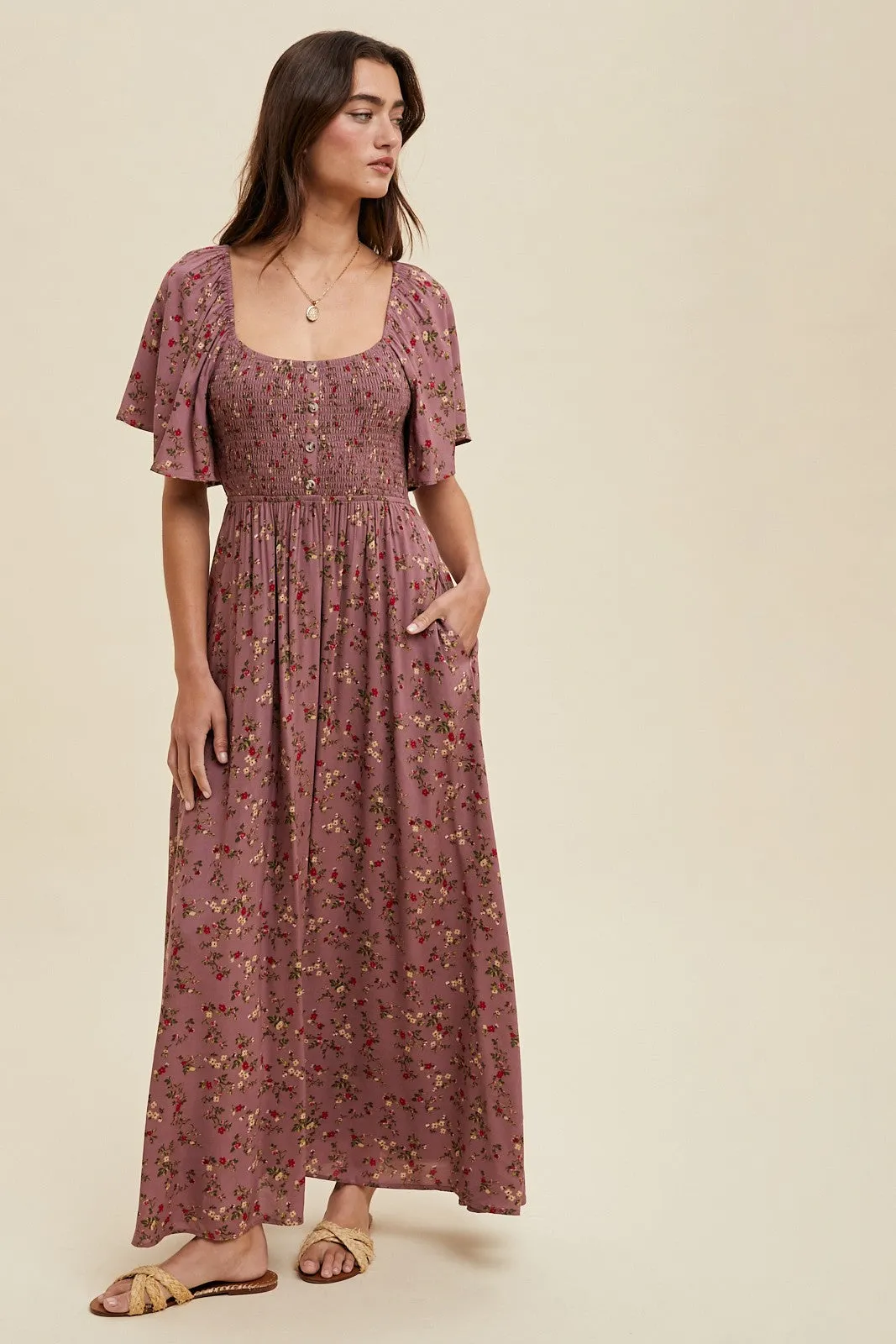 Mauve Floral Smocked Button Front Short Sleeve Maxi Dress sold by Pinkblush