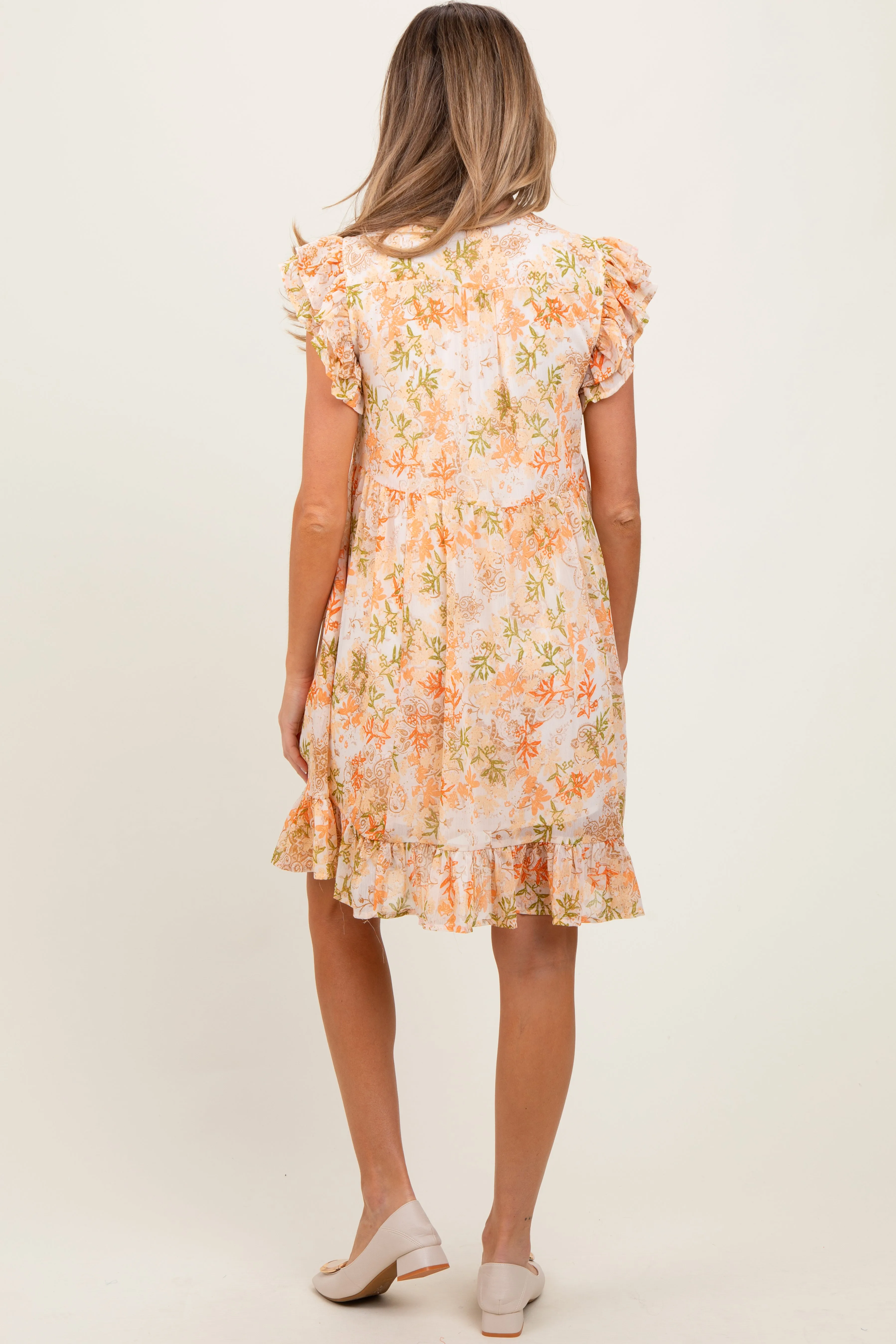 Orange Floral Chiffon Ruffle Short Sleeve Maternity Dress sold by Pinkblush product image thumbnail 4
