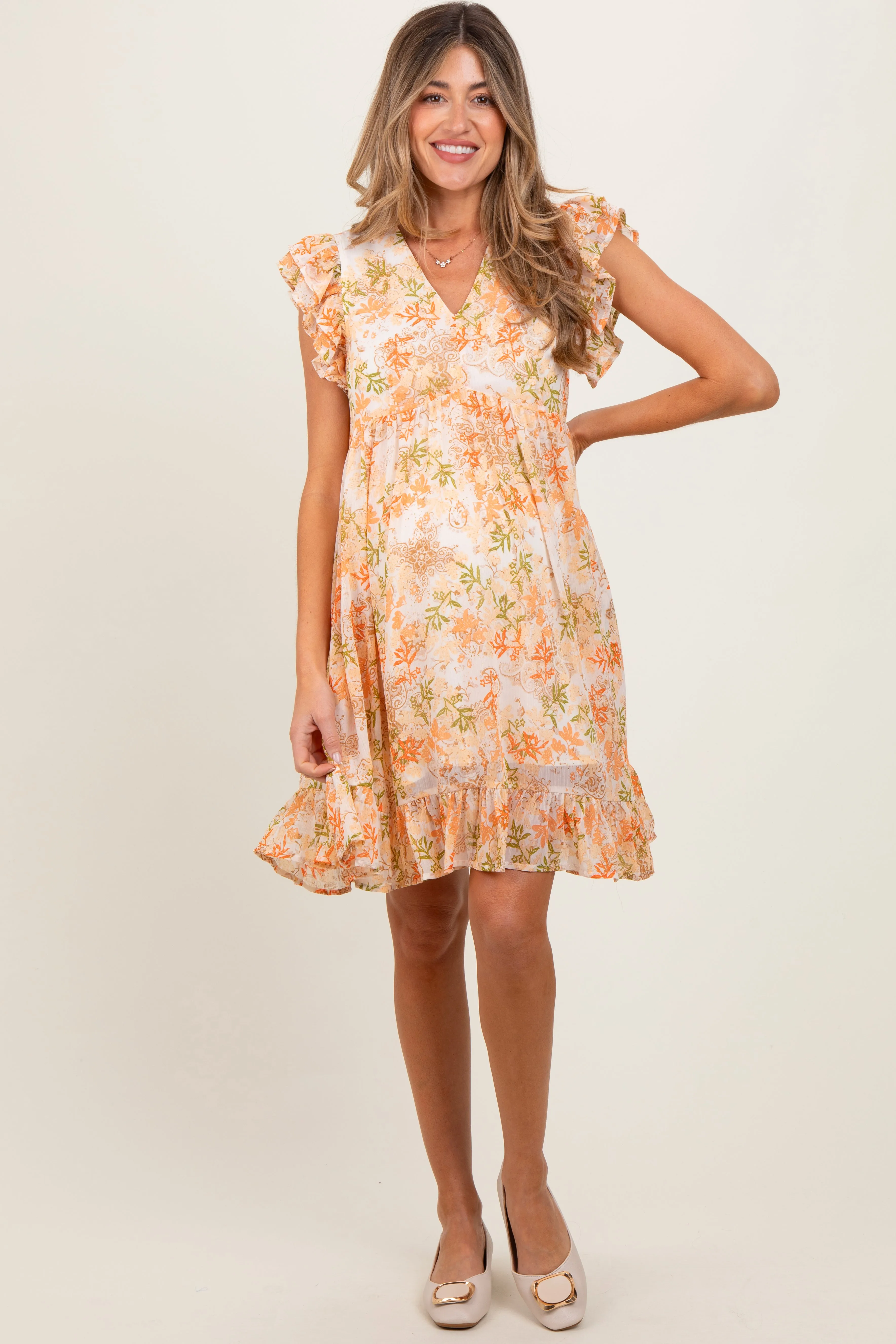 Orange Floral Chiffon Ruffle Short Sleeve Maternity Dress sold by Pinkblush product image thumbnail 2