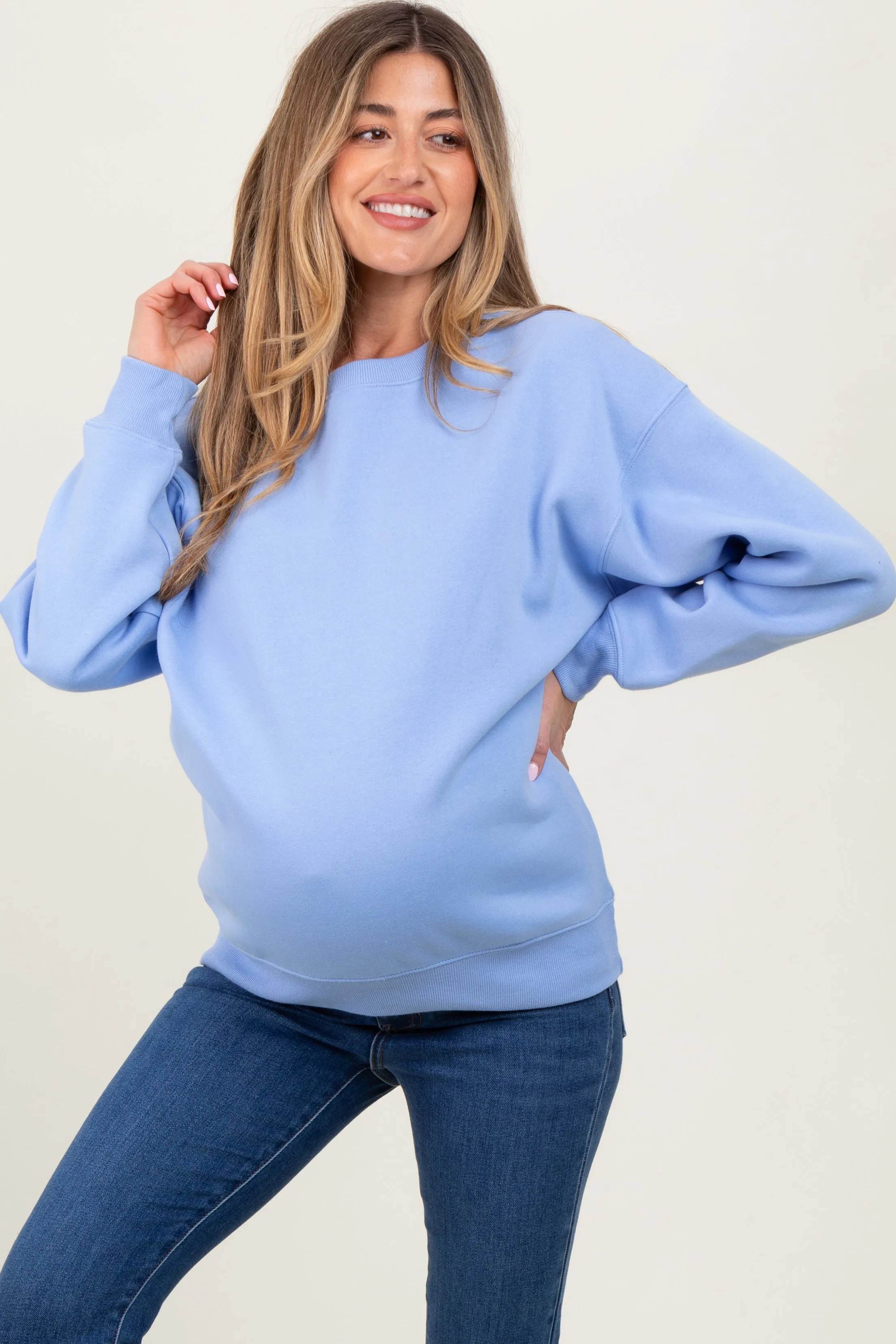 Light Blue Basic Fleece Crewneck Maternity Sweatshirt sold by Pinkblush