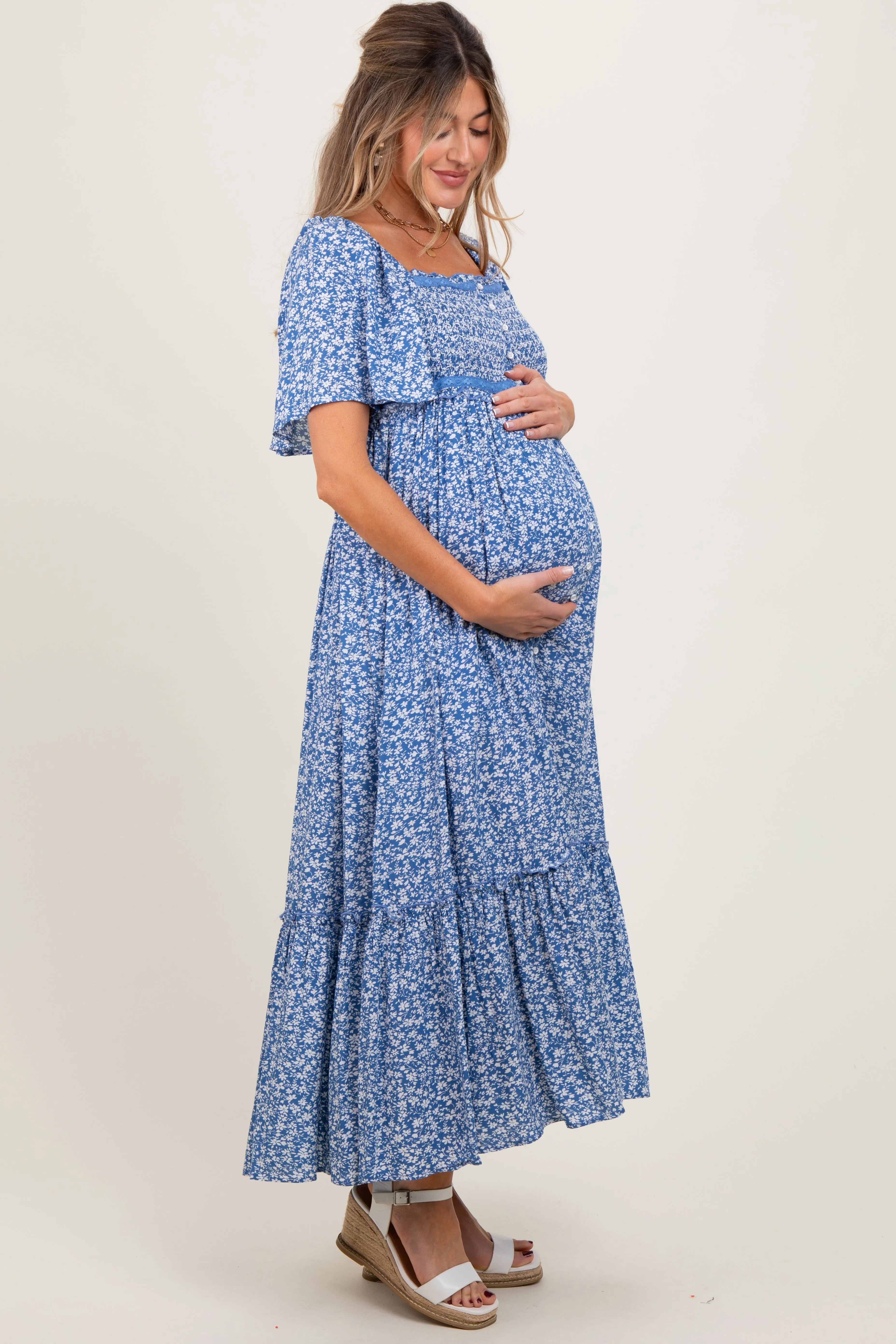 Navy Floral Button Front Maternity Midi Dress sold by Pinkblush product image thumbnail 2