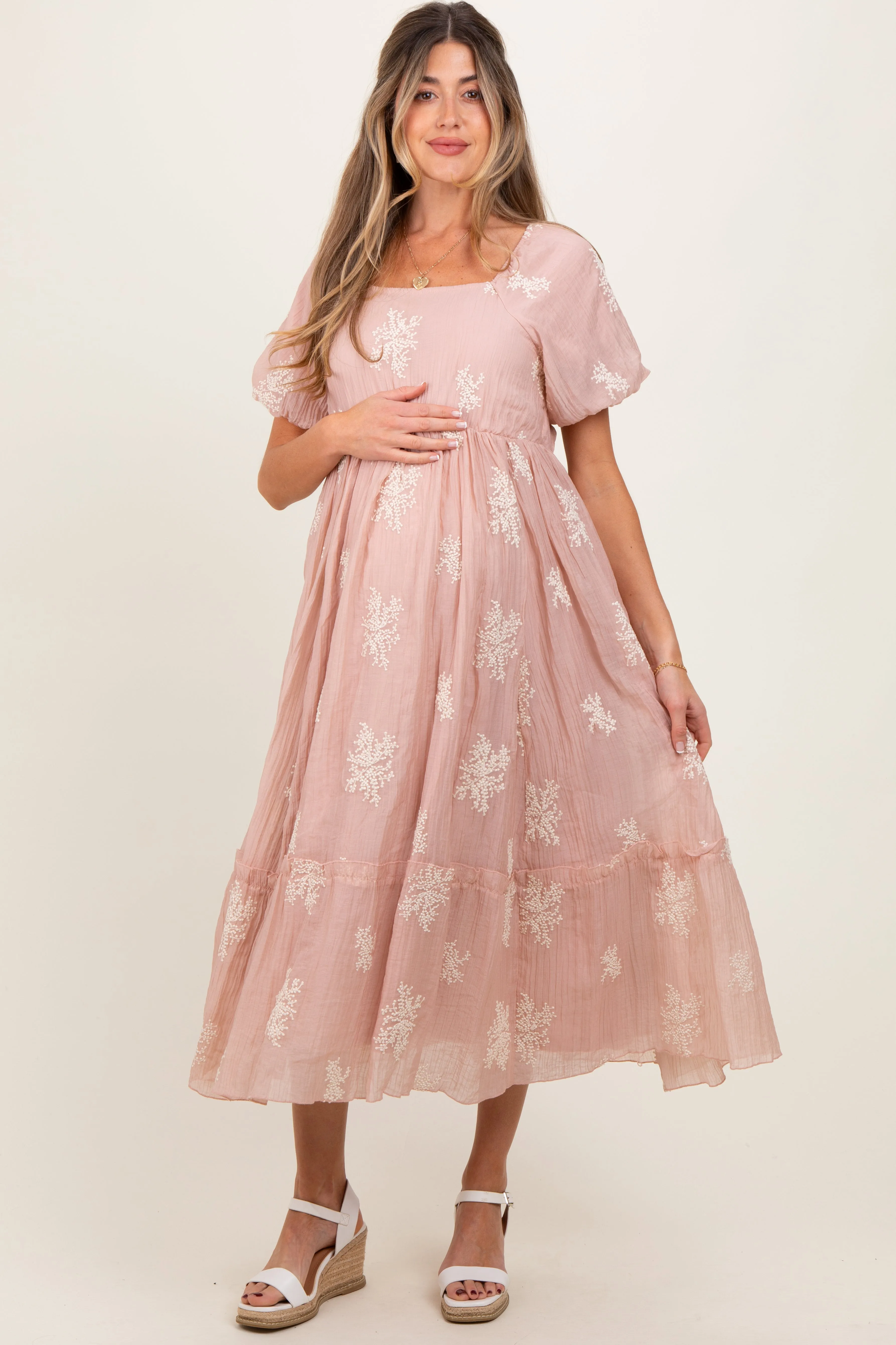 Salmon Floral Print Ruffle Hem Maternity Midi Dress sold by Pinkblush