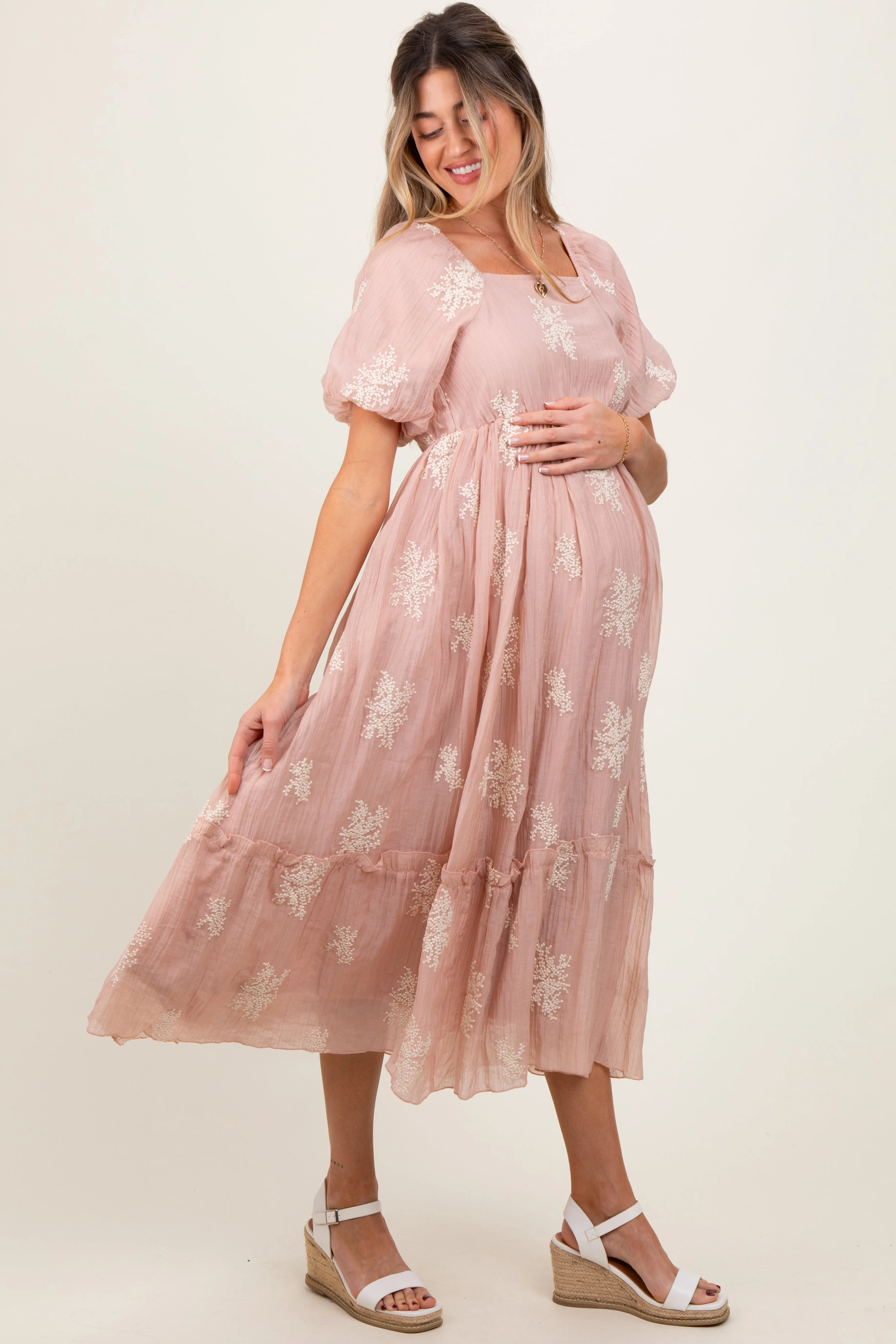 Salmon Floral Print Ruffle Hem Maternity Midi Dress sold by Pinkblush product image thumbnail 2