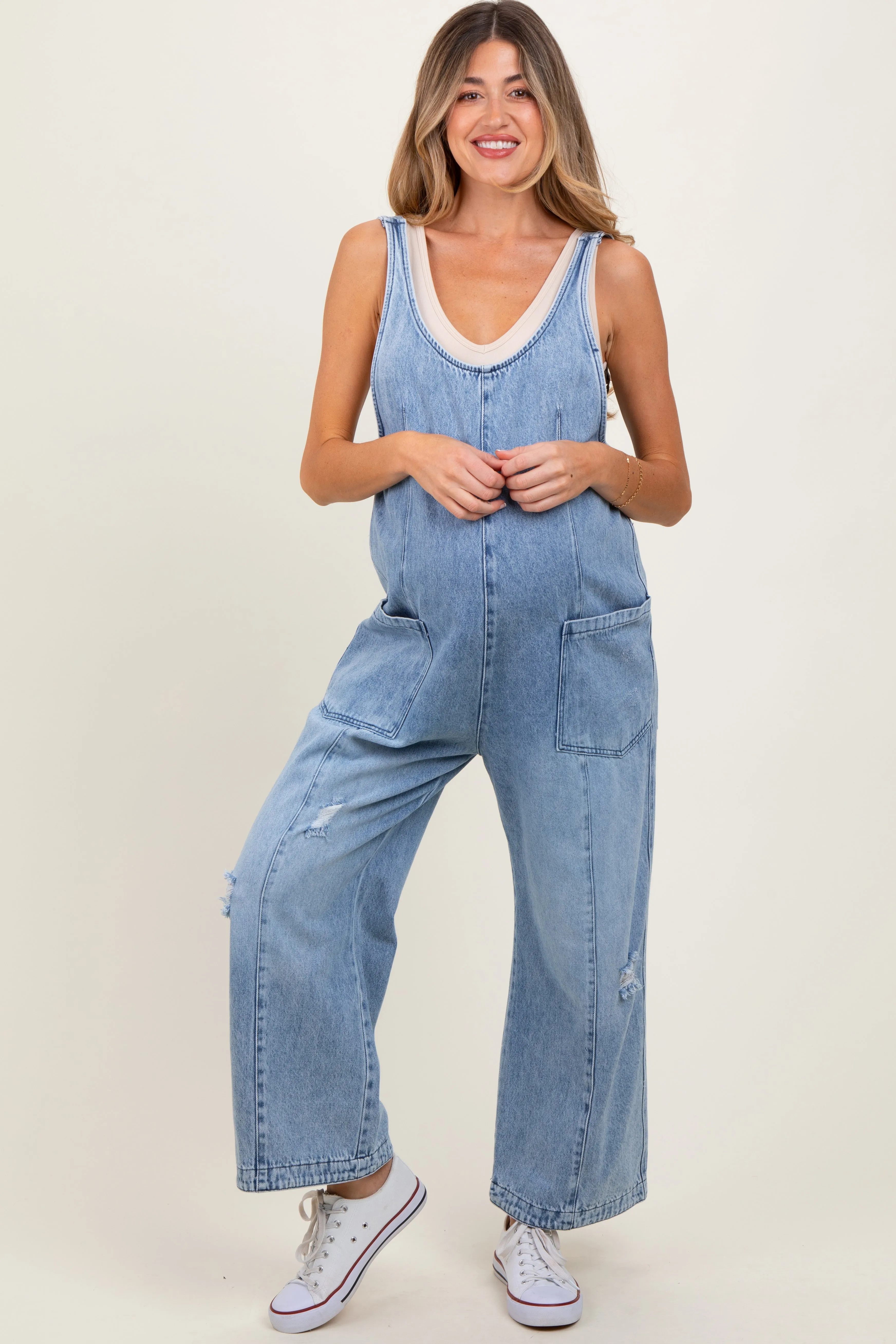 Blue Relaxed Fit Denim Maternity Jumpsuit sold by Pinkblush