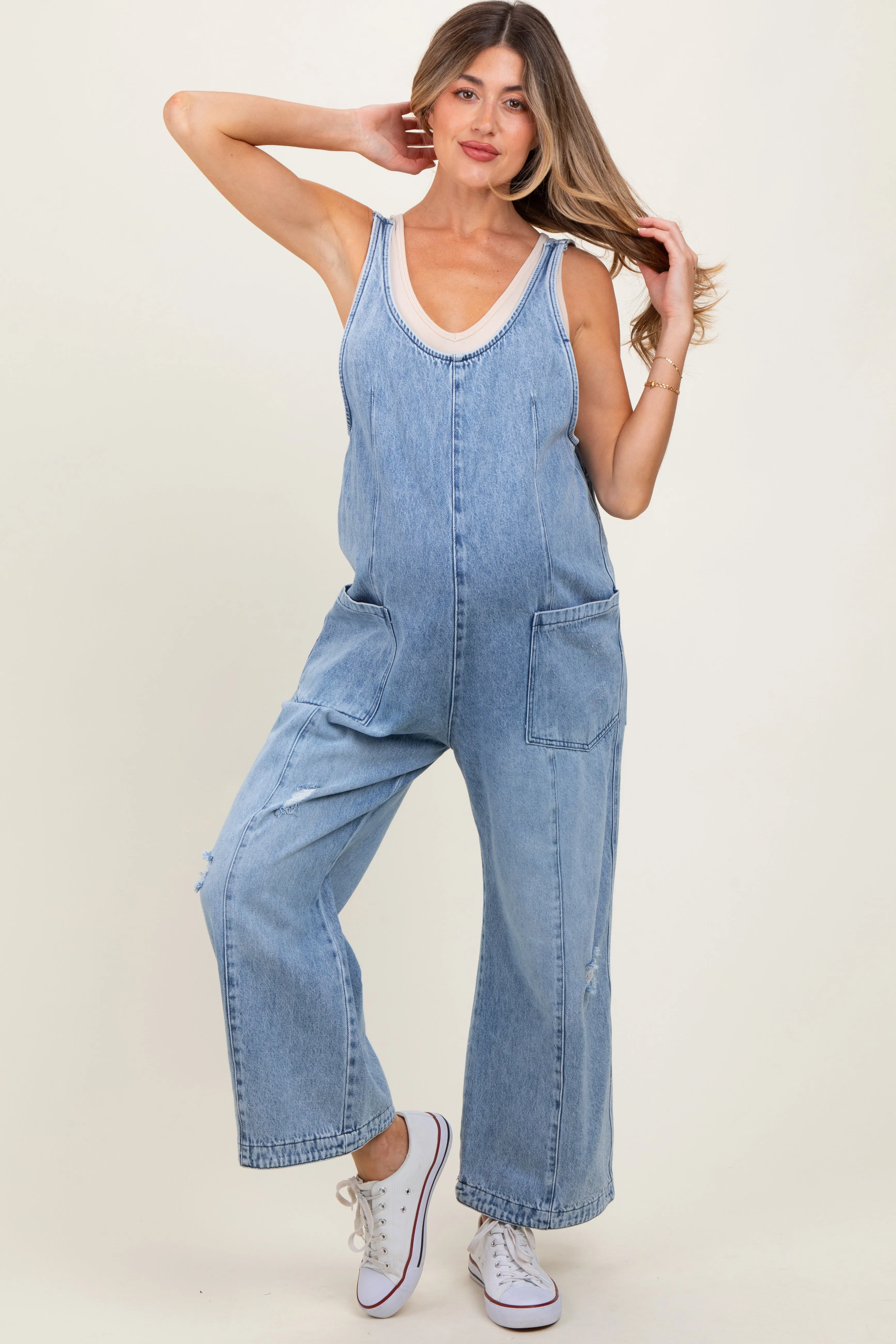 Blue Relaxed Fit Denim Maternity Jumpsuit sold by Pinkblush product image thumbnail 2