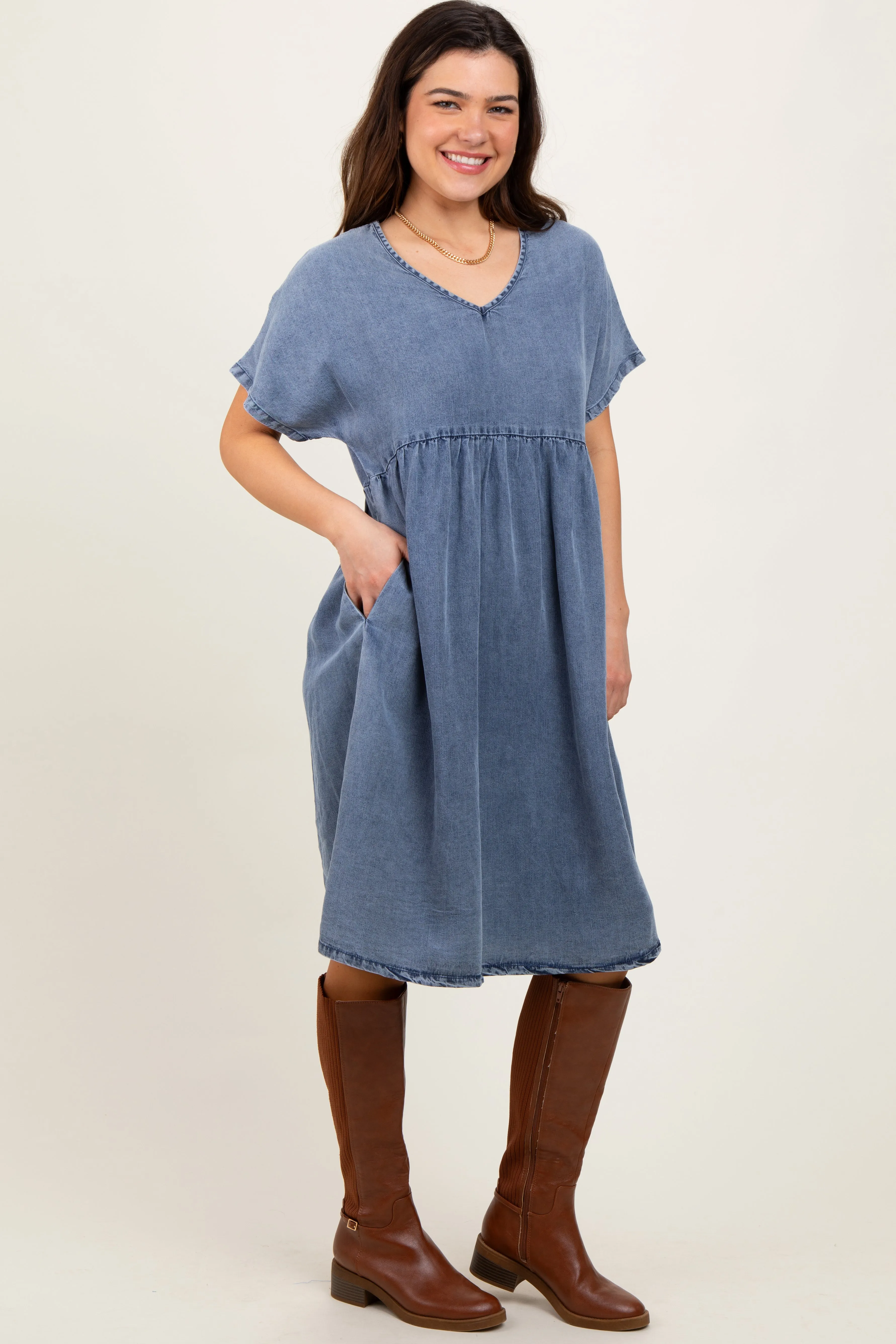 Blue Denim V-Neck Short Sleeve Dress sold by Pinkblush product image thumbnail 2