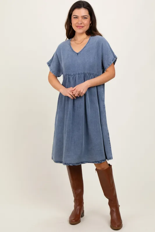 Blue Denim V-Neck Short Sleeve Dress sold by Pinkblush