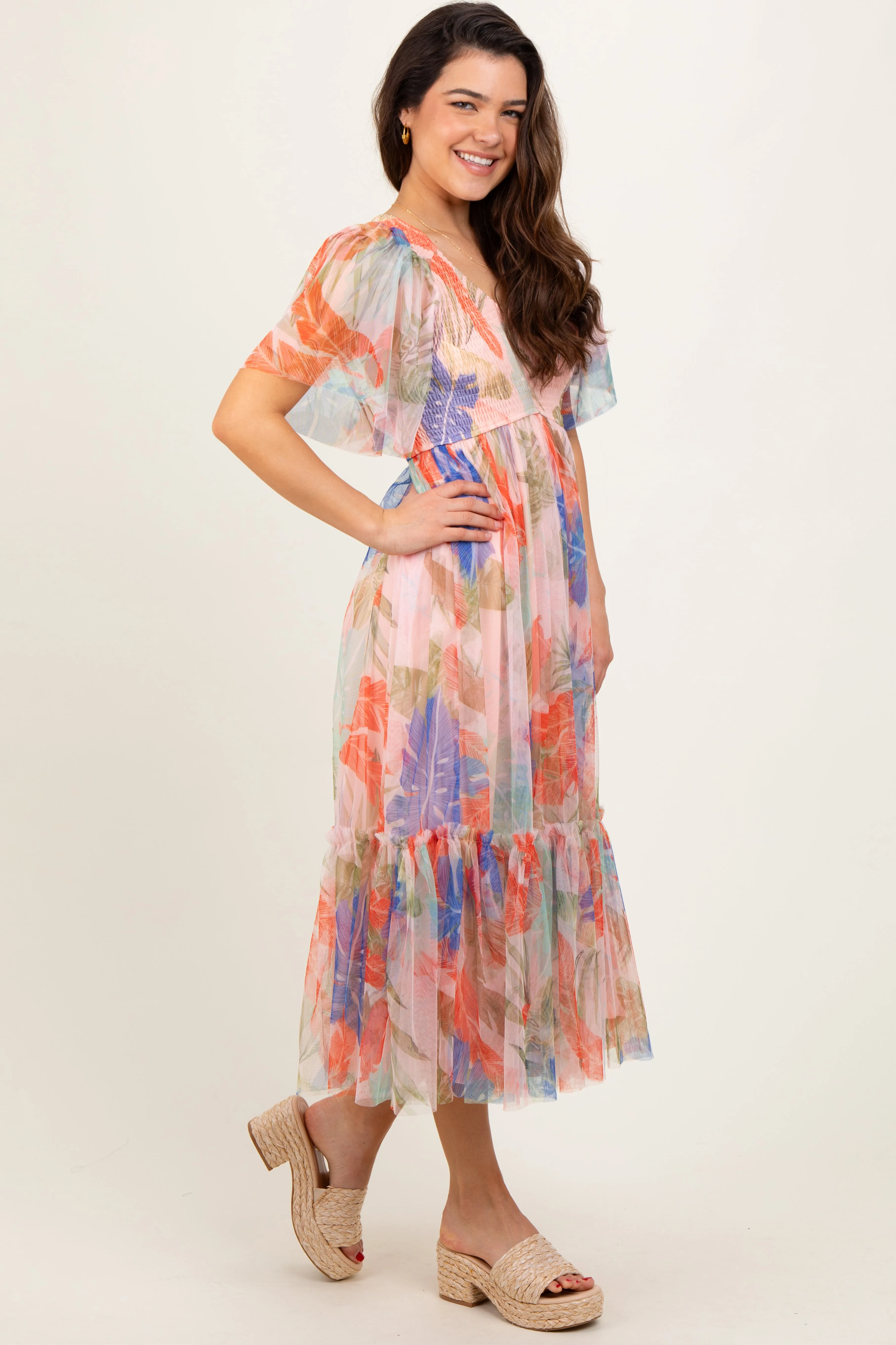 Peach Leaf Print Smocked Mesh Overlay Dress sold by Pinkblush product image thumbnail 3
