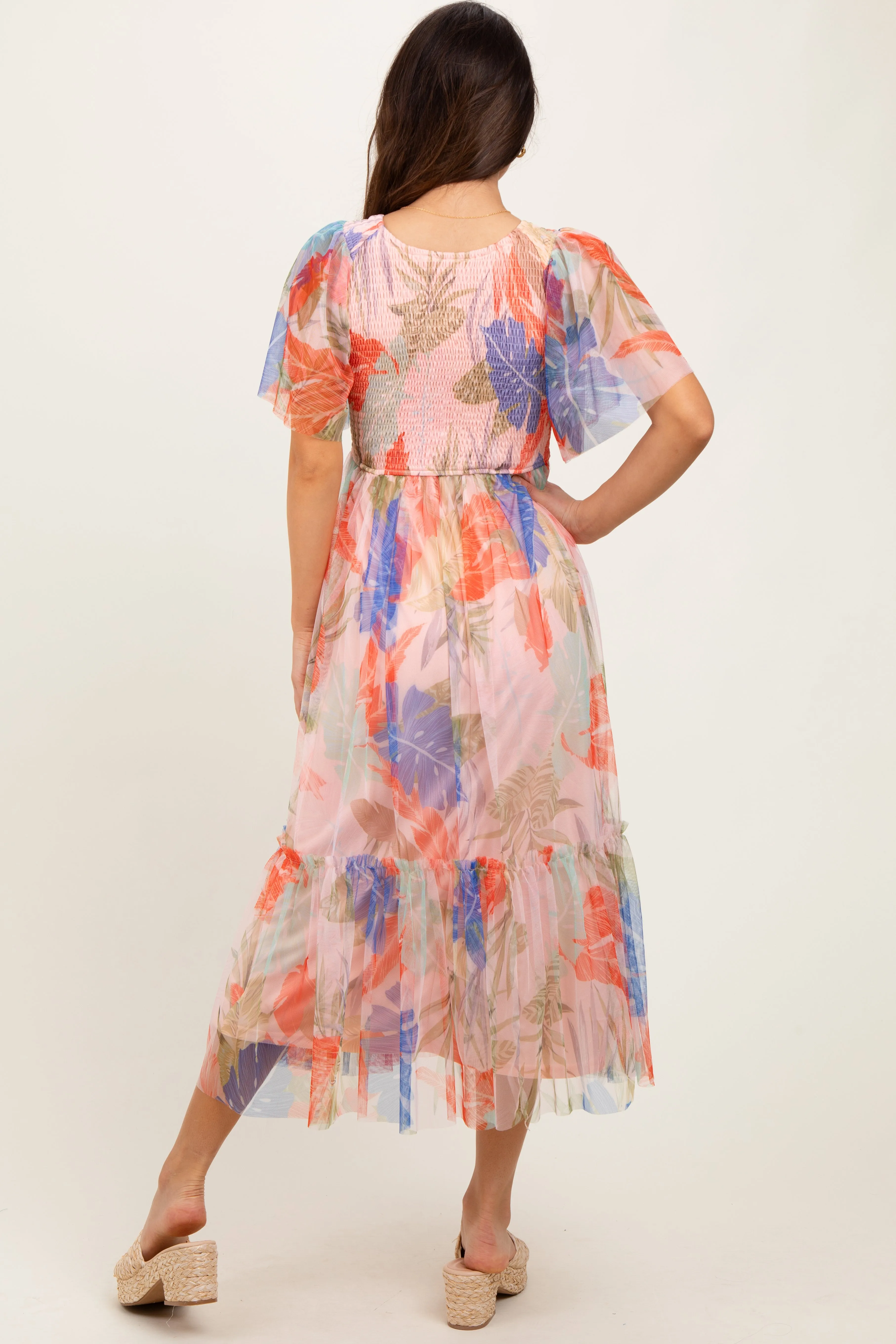 Peach Leaf Print Smocked Mesh Overlay Dress sold by Pinkblush product image thumbnail 4
