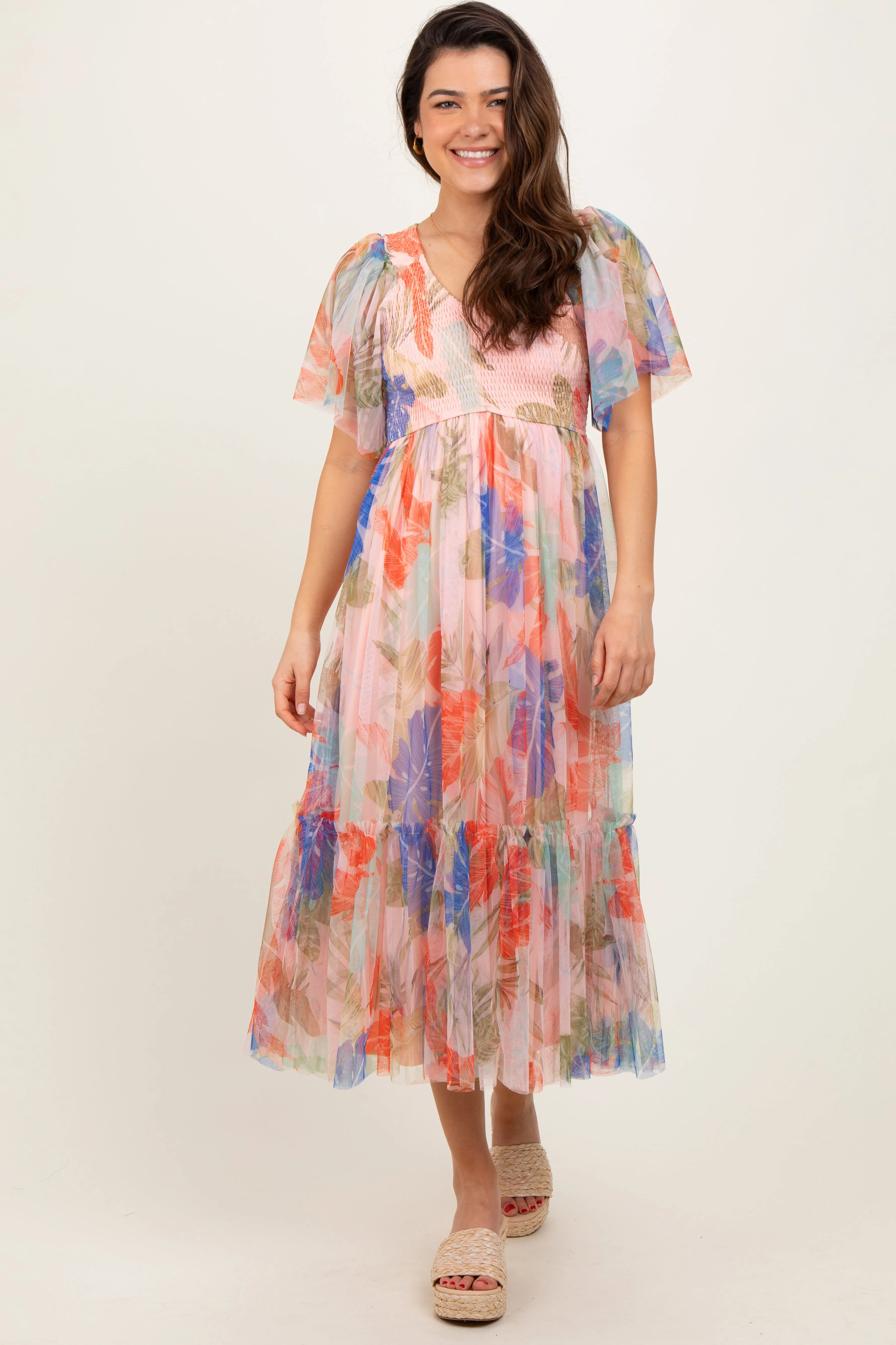 Peach Leaf Print Smocked Mesh Overlay Dress sold by Pinkblush product image thumbnail 2