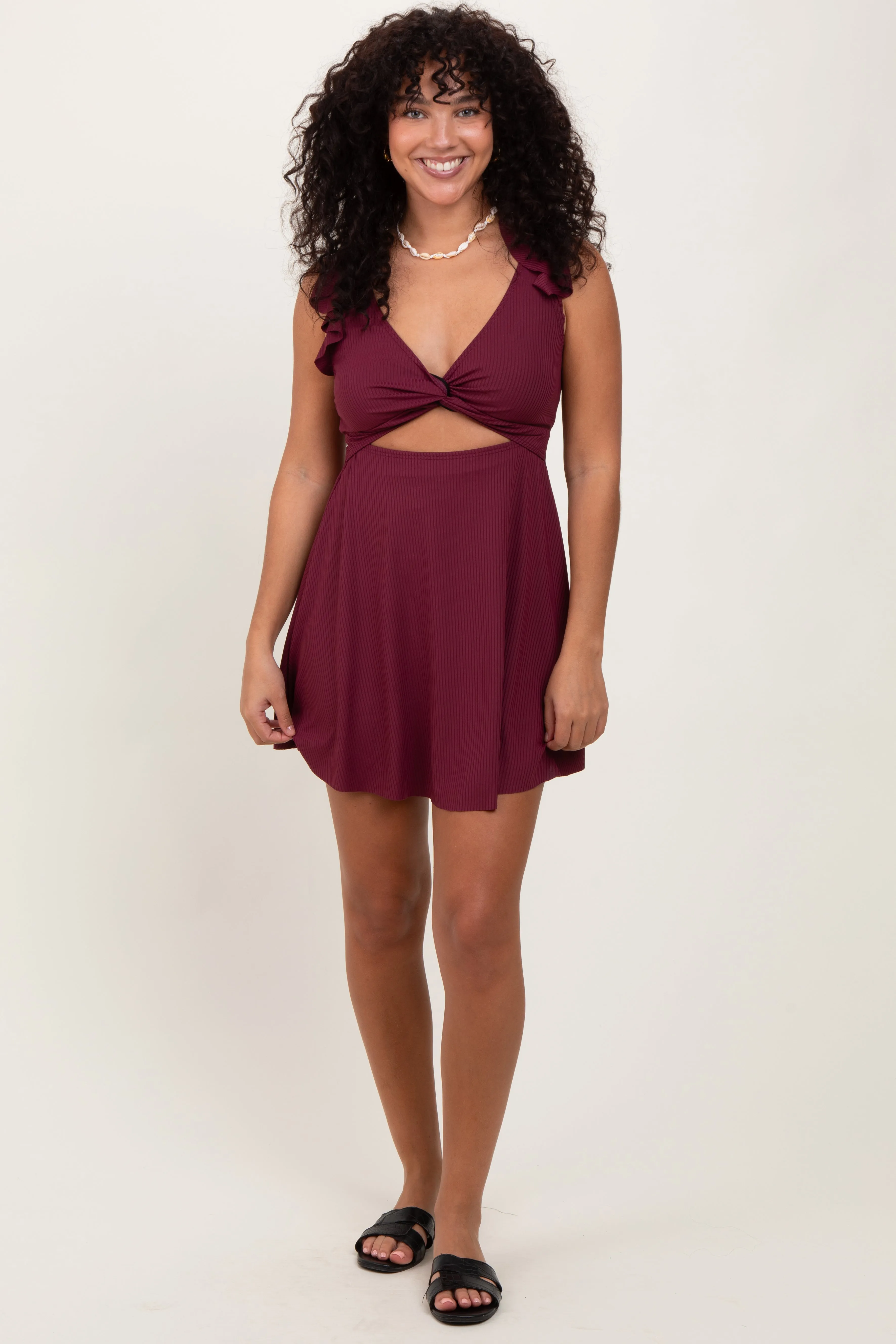 Burgundy Ribbed Ruffle Twist Front Swim Dress sold by Pinkblush product image thumbnail 2