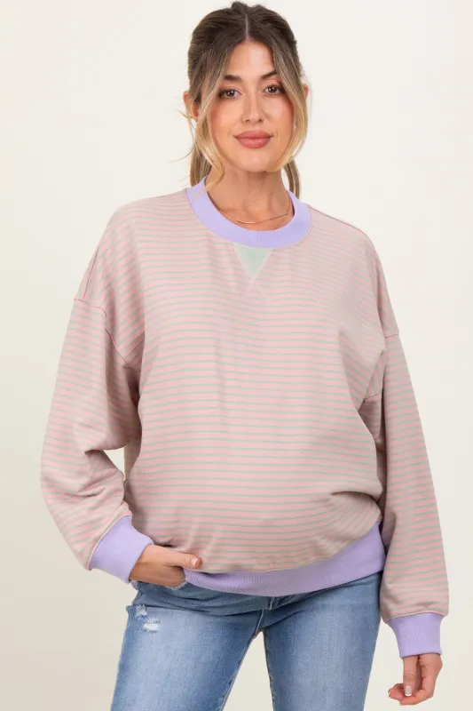 Light Pink Striped Crew Neck Oversized Maternity Sweatshirt sold by Pinkblush