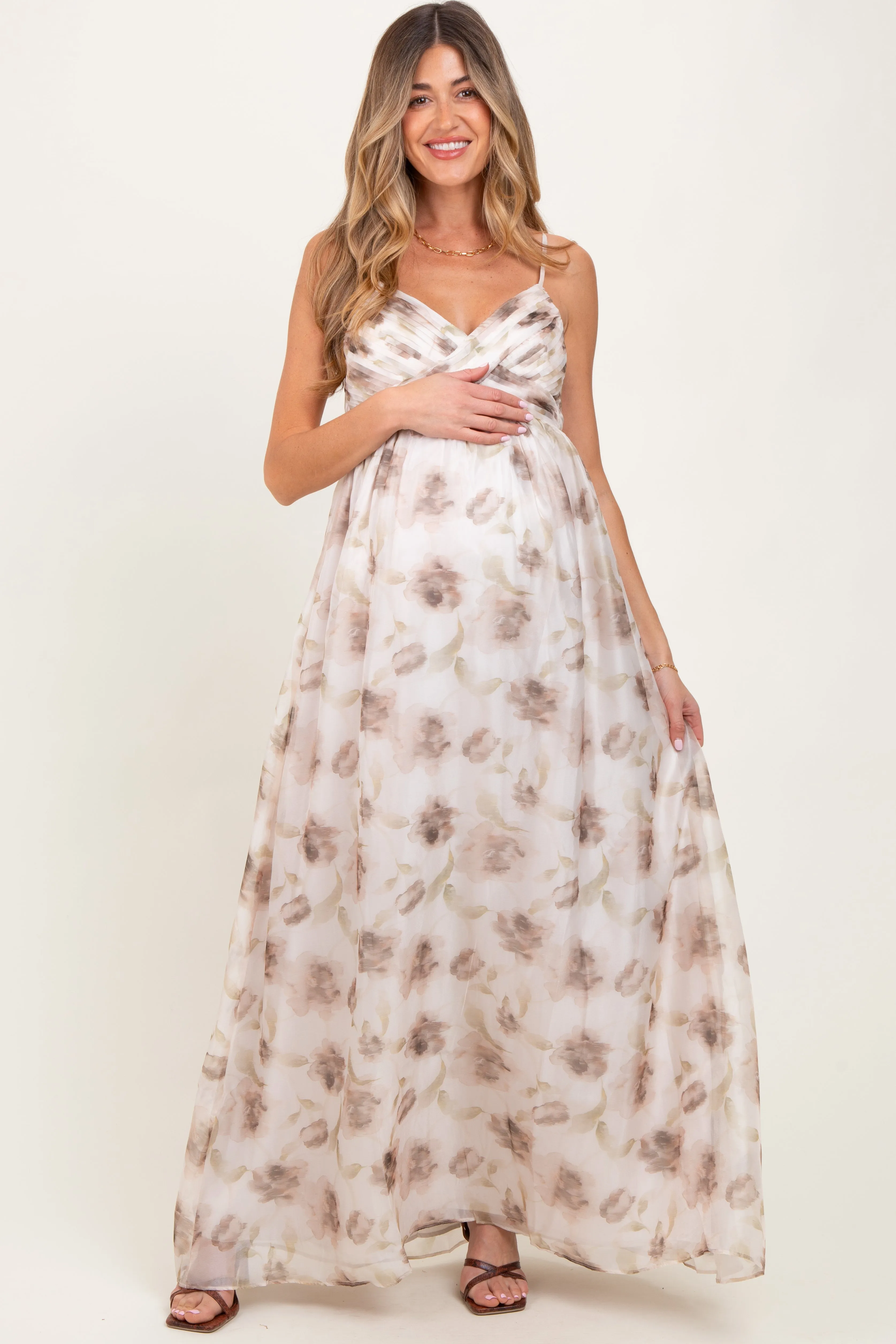 Taupe Multi Floral Print Sleeveless Maternity Maxi Dress sold by Pinkblush
