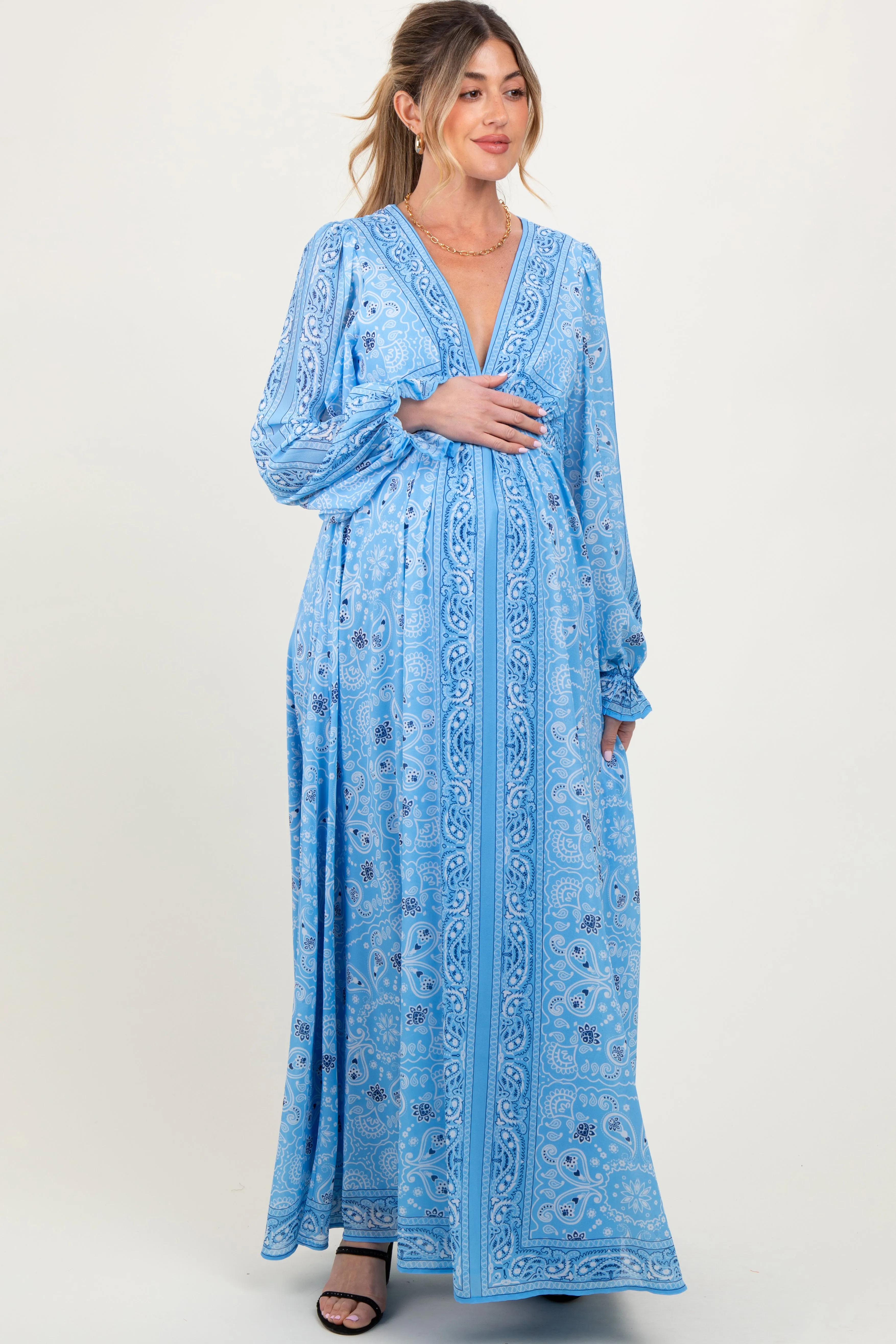 Light Blue Paisley Deep V-Neck Long Sleeve Maternity Maxi Dress sold by Pinkblush product image thumbnail 2
