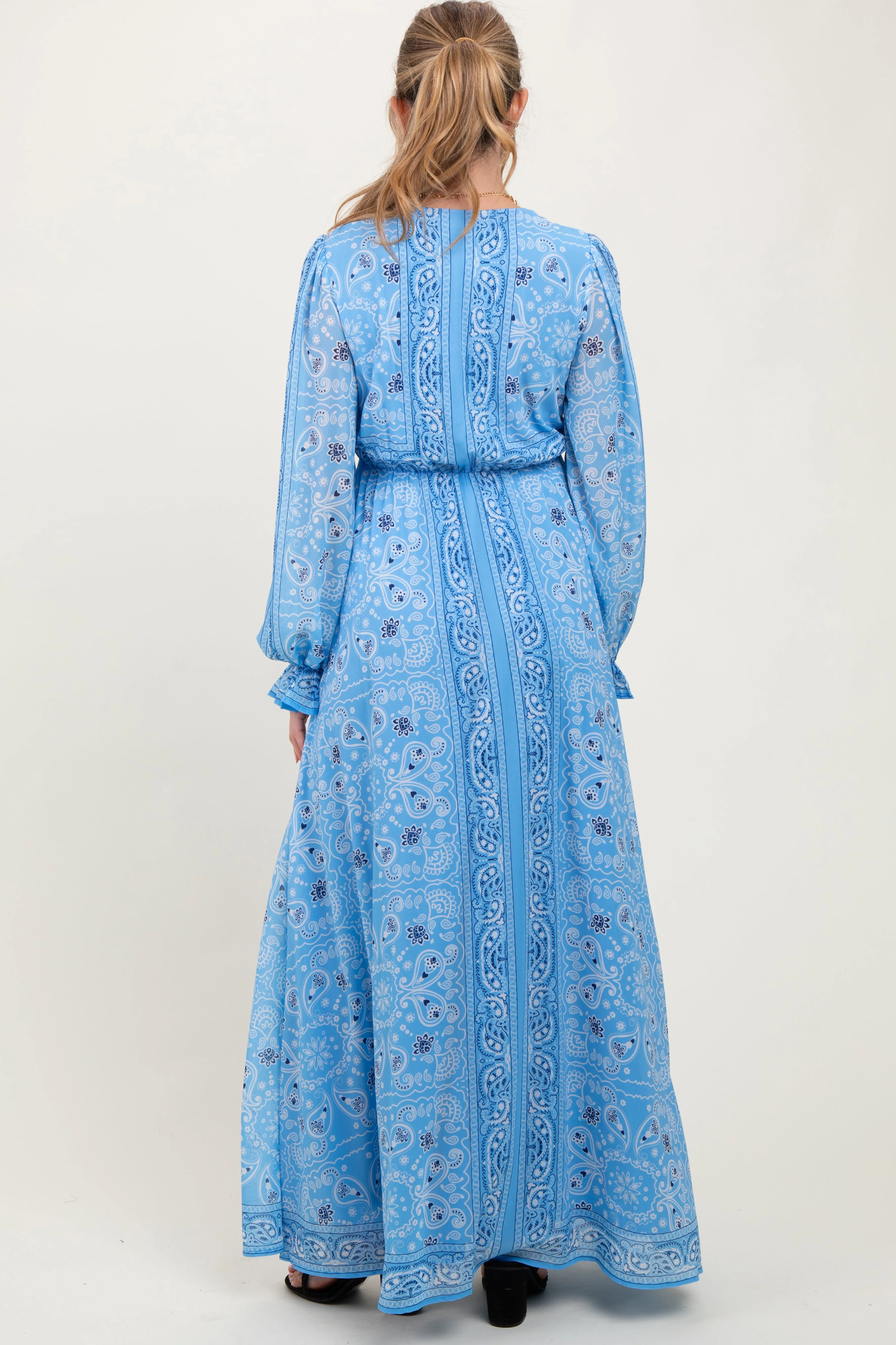 Light Blue Paisley Deep V-Neck Long Sleeve Maternity Maxi Dress sold by Pinkblush product image thumbnail 4