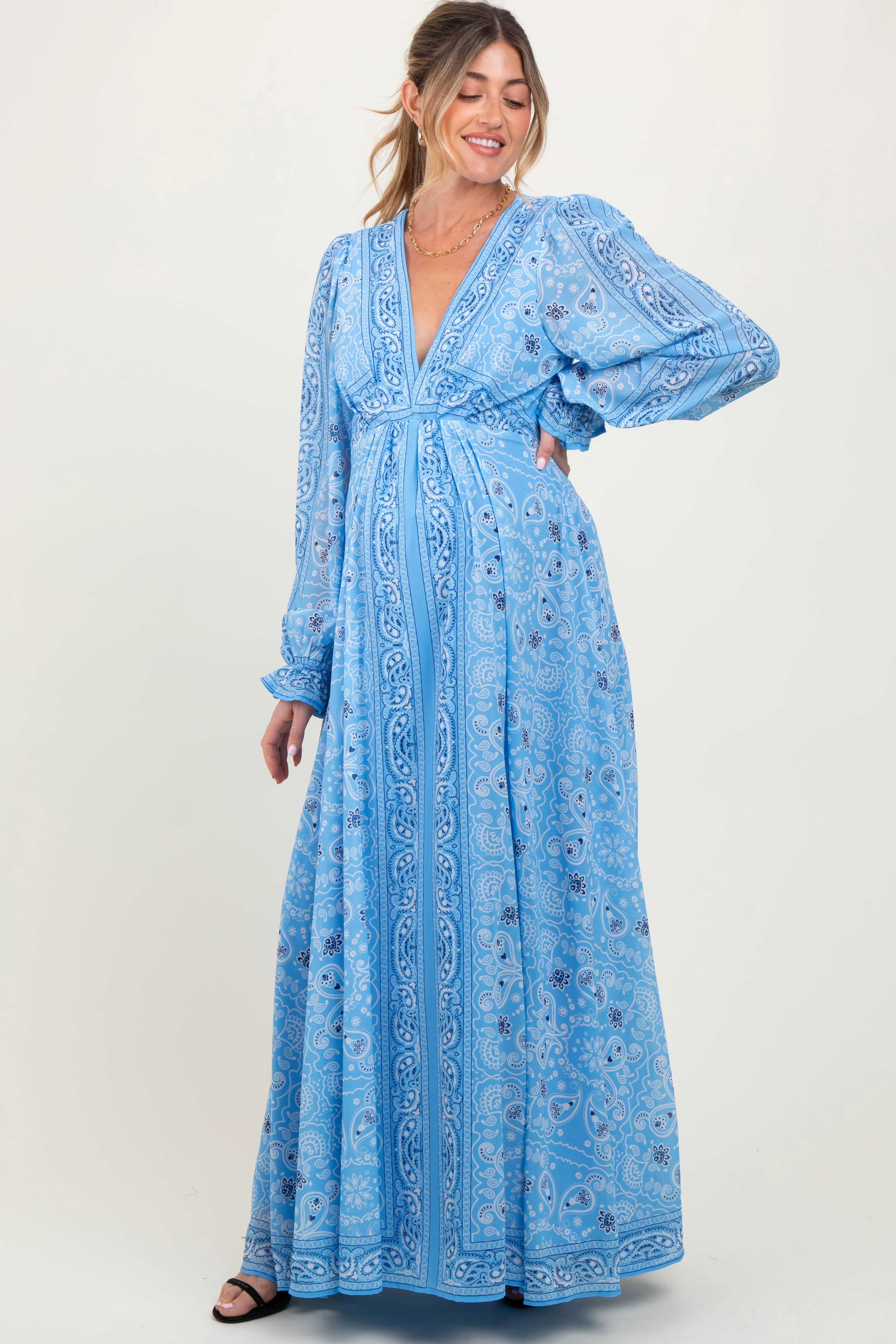 Light Blue Paisley Deep V-Neck Long Sleeve Maternity Maxi Dress sold by Pinkblush