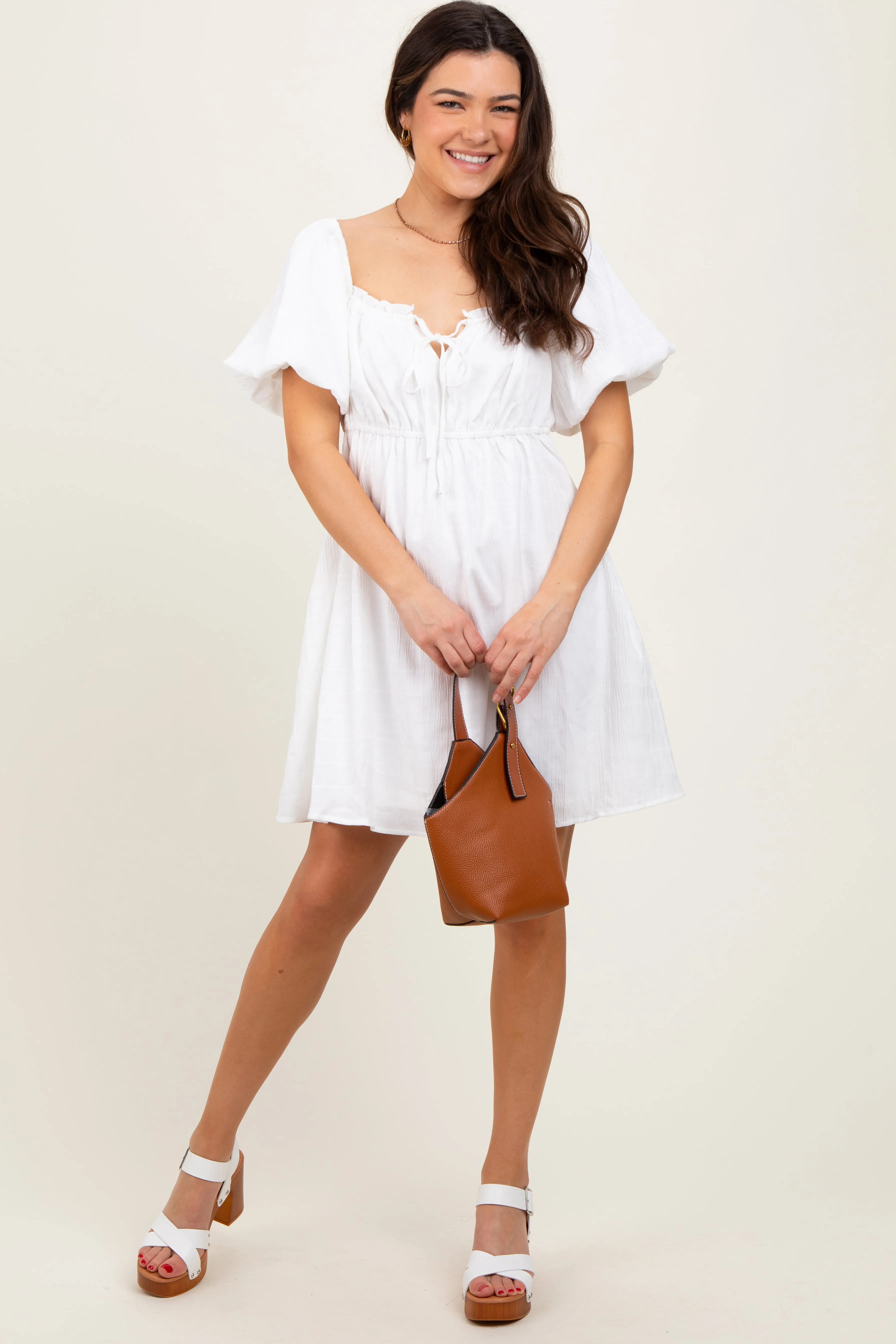 White Textured Bubble Sleeve Maternity Mini Dress sold by Pinkblush product image thumbnail 5