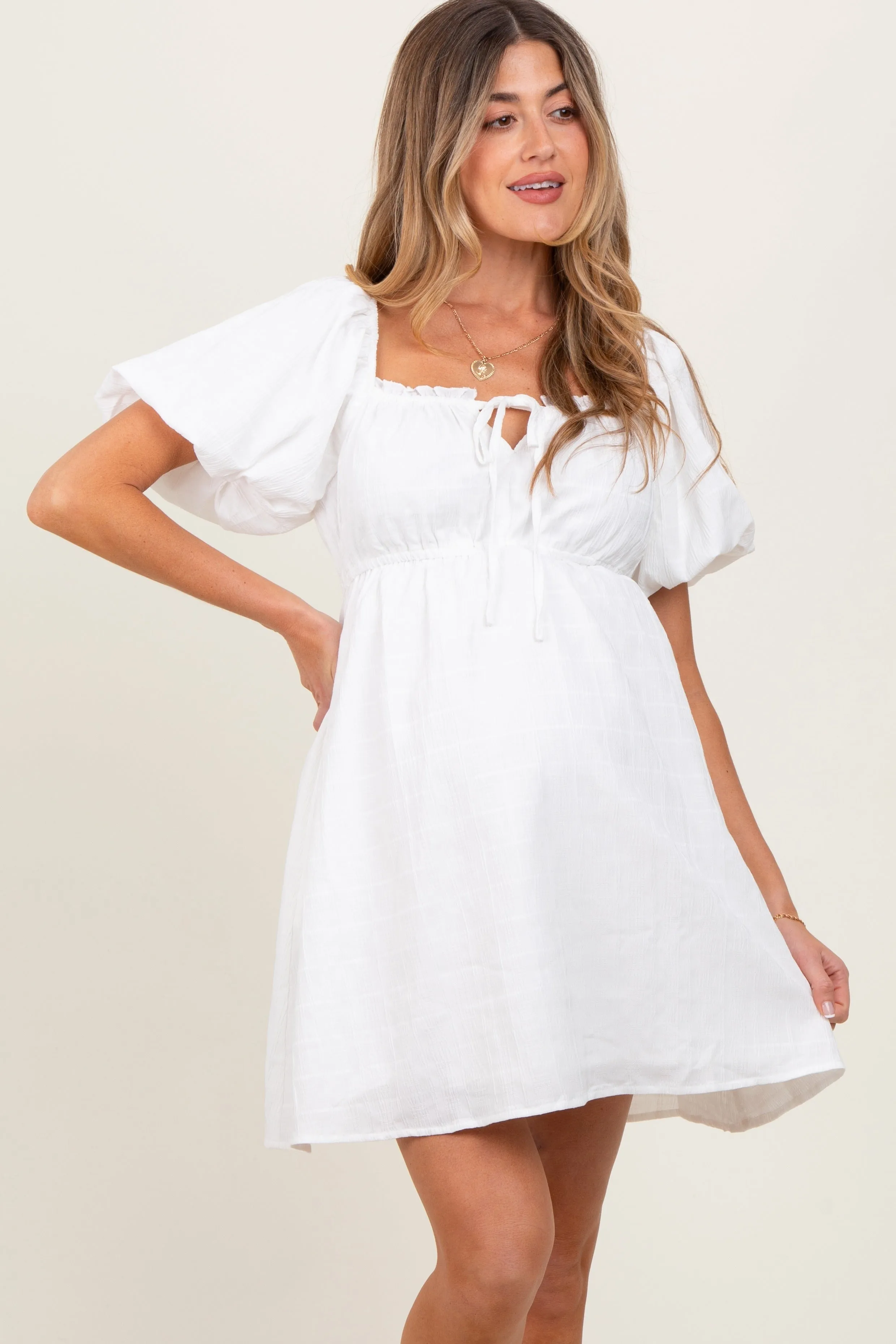 White Textured Bubble Sleeve Maternity Mini Dress sold by Pinkblush product image thumbnail 2