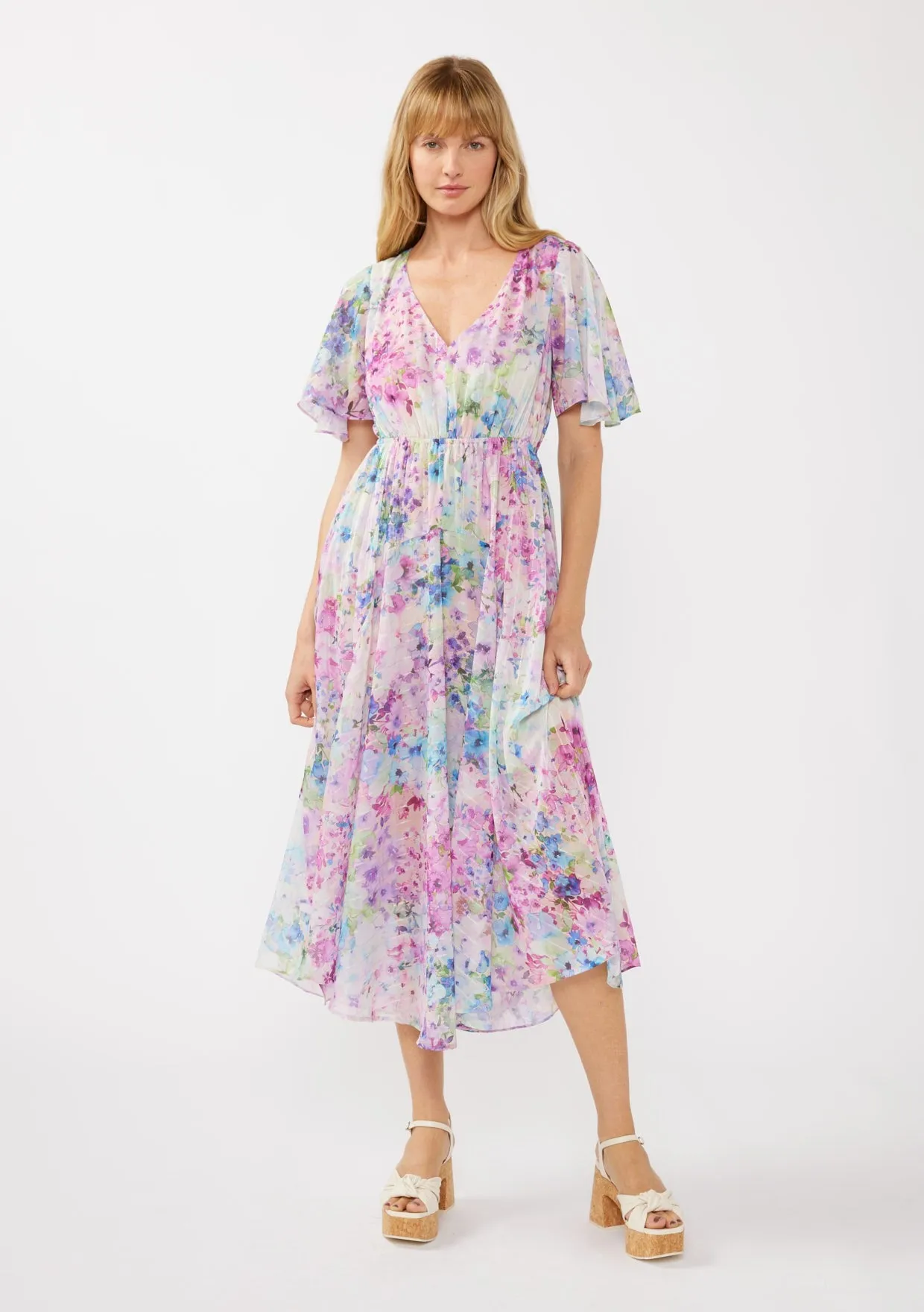 Light Pink Watercolor Floral Flutter Sleeve Maternity Midi Dress sold by Pinkblush product image thumbnail 5