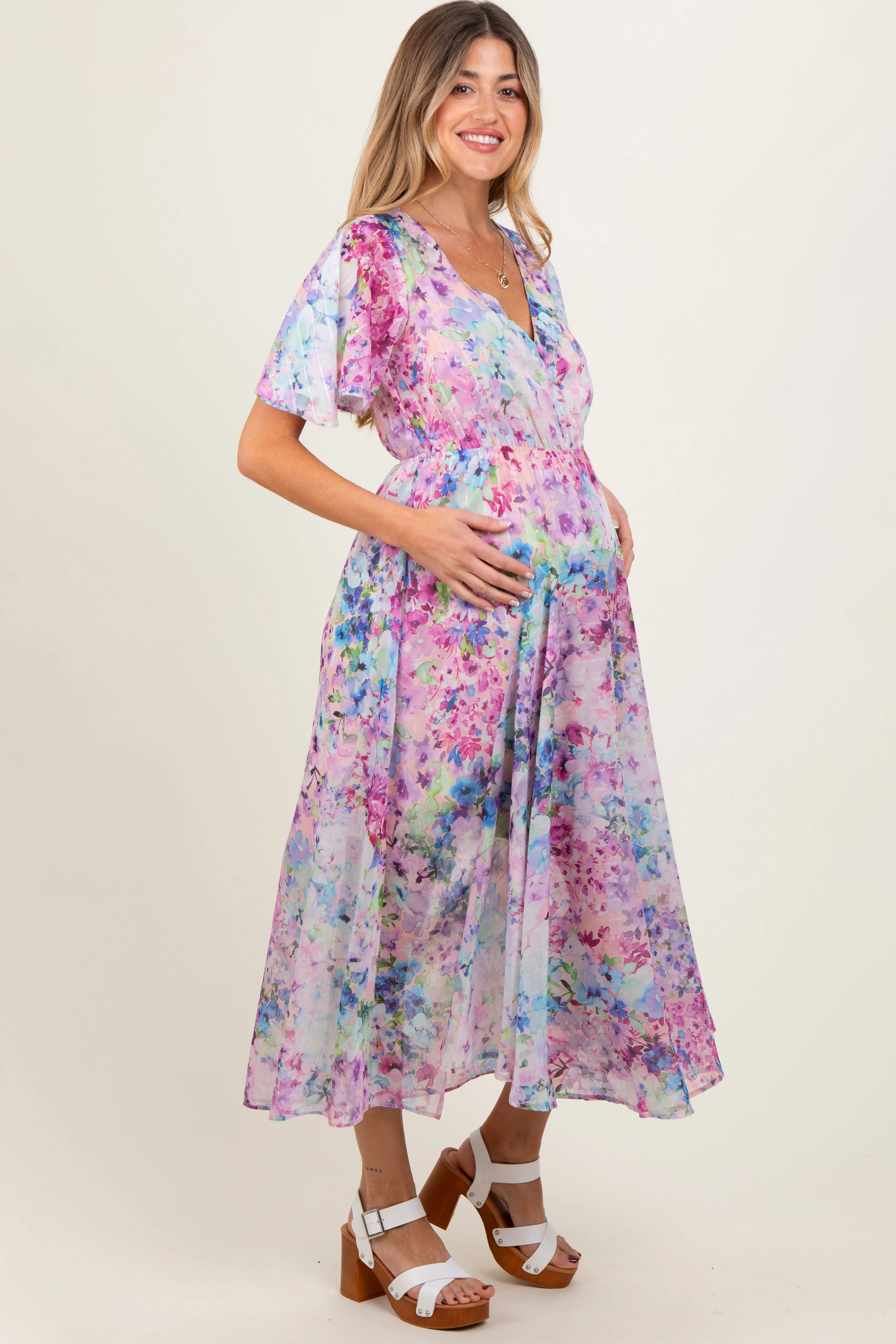 Light Pink Watercolor Floral Flutter Sleeve Maternity Midi Dress sold by Pinkblush product image thumbnail 3