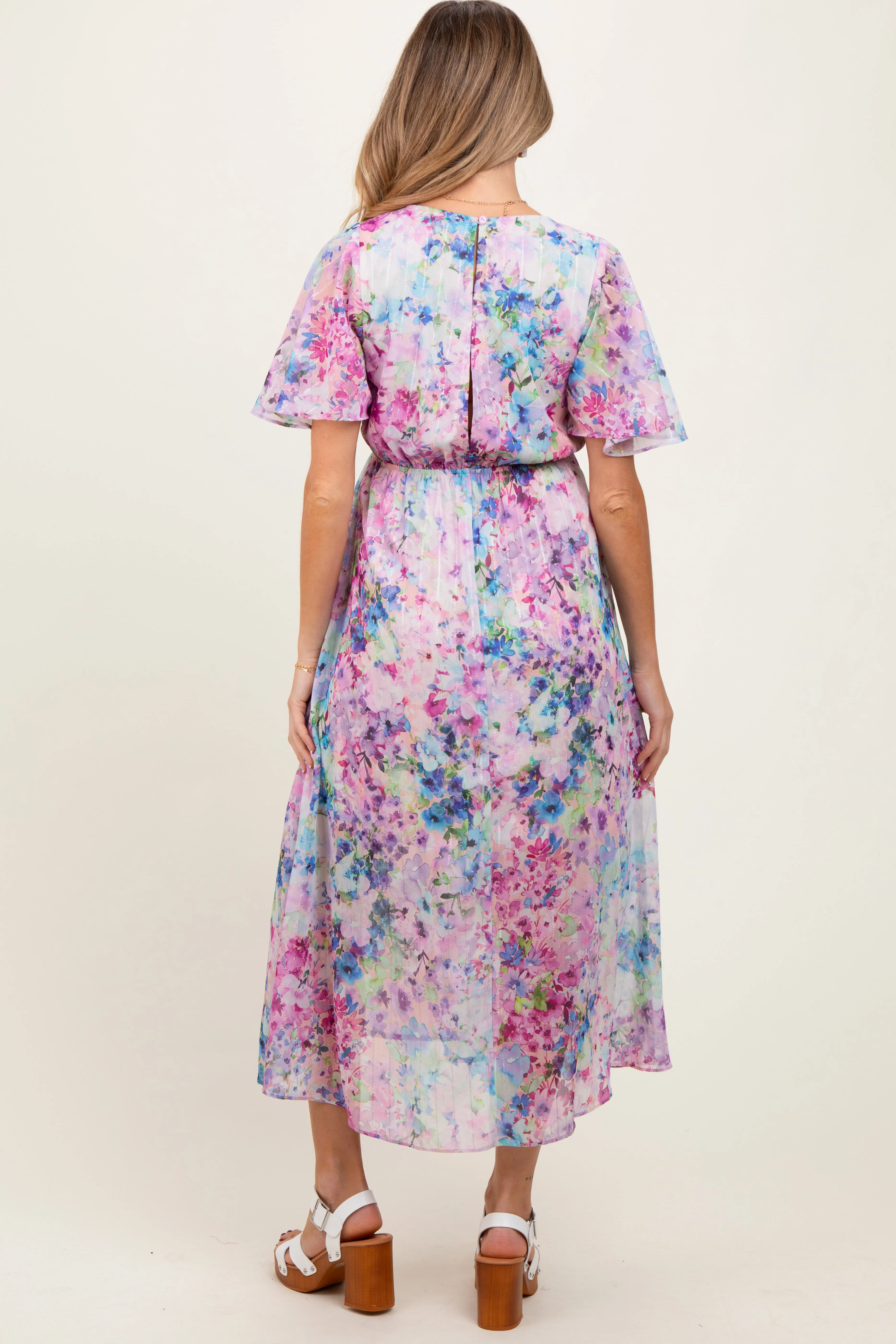 Light Pink Watercolor Floral Flutter Sleeve Maternity Midi Dress sold by Pinkblush product image thumbnail 4