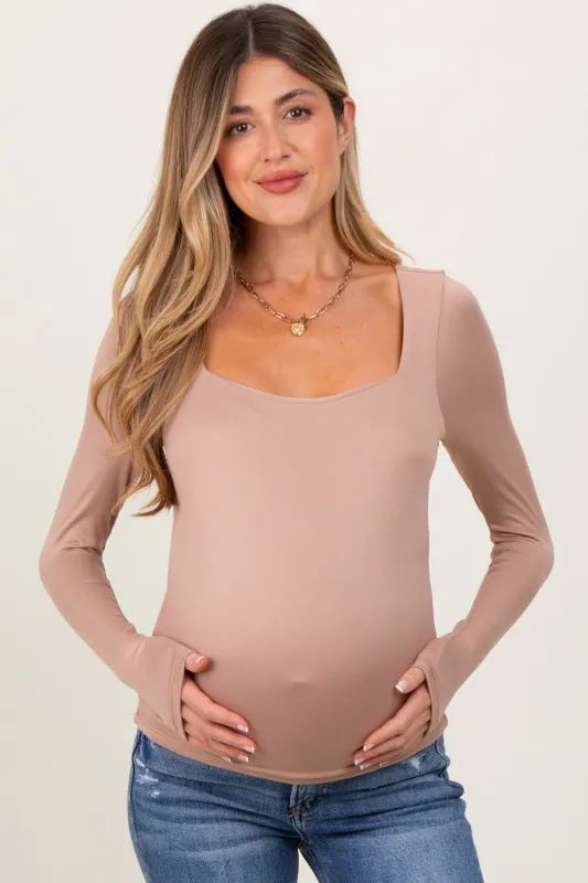 Beige Square Neck Long Sleeve Maternity Top sold by Pinkblush