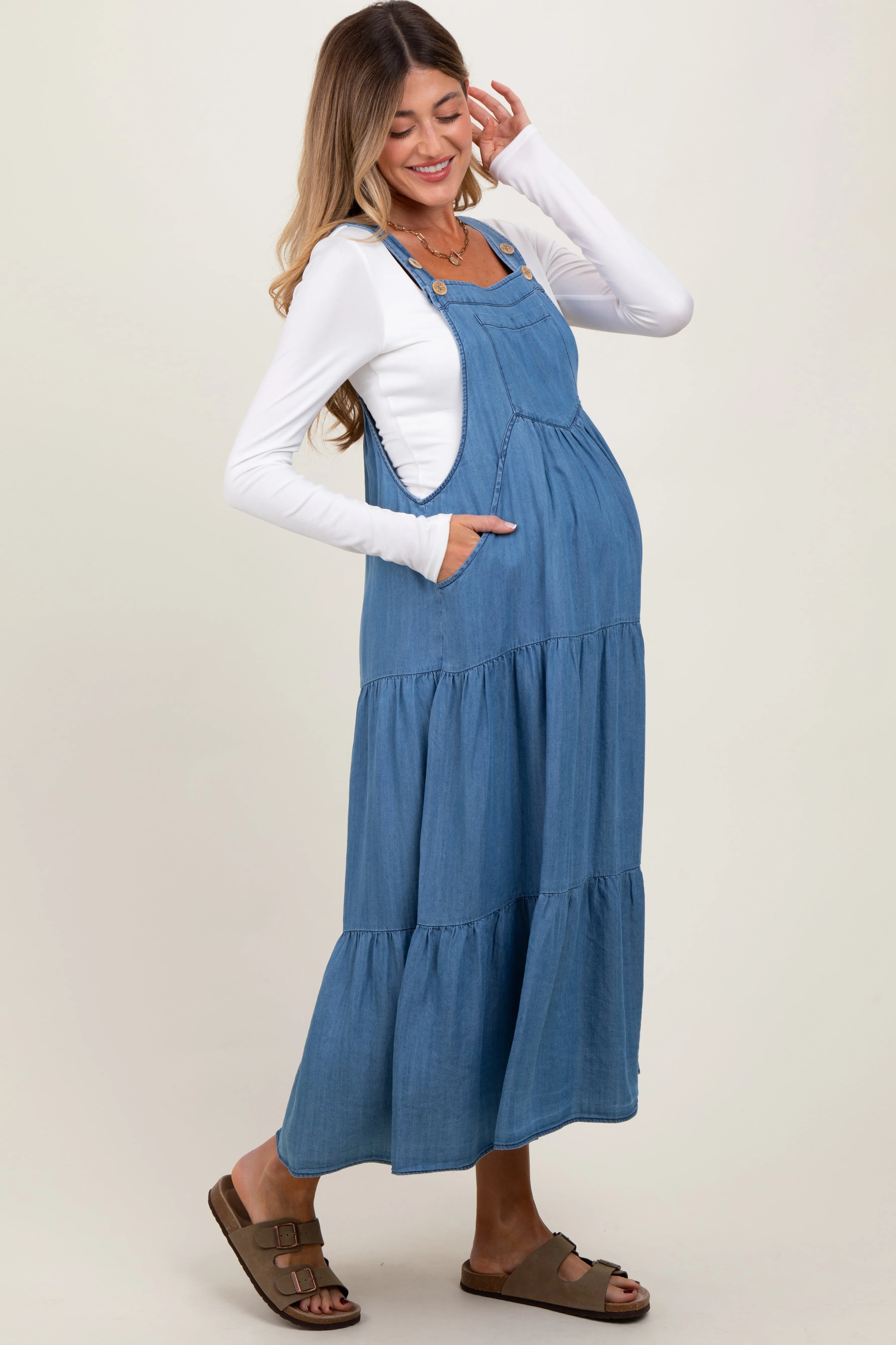 Blue Chambray Overall Tiered Maternity Midi Dress sold by Pinkblush product image thumbnail 3