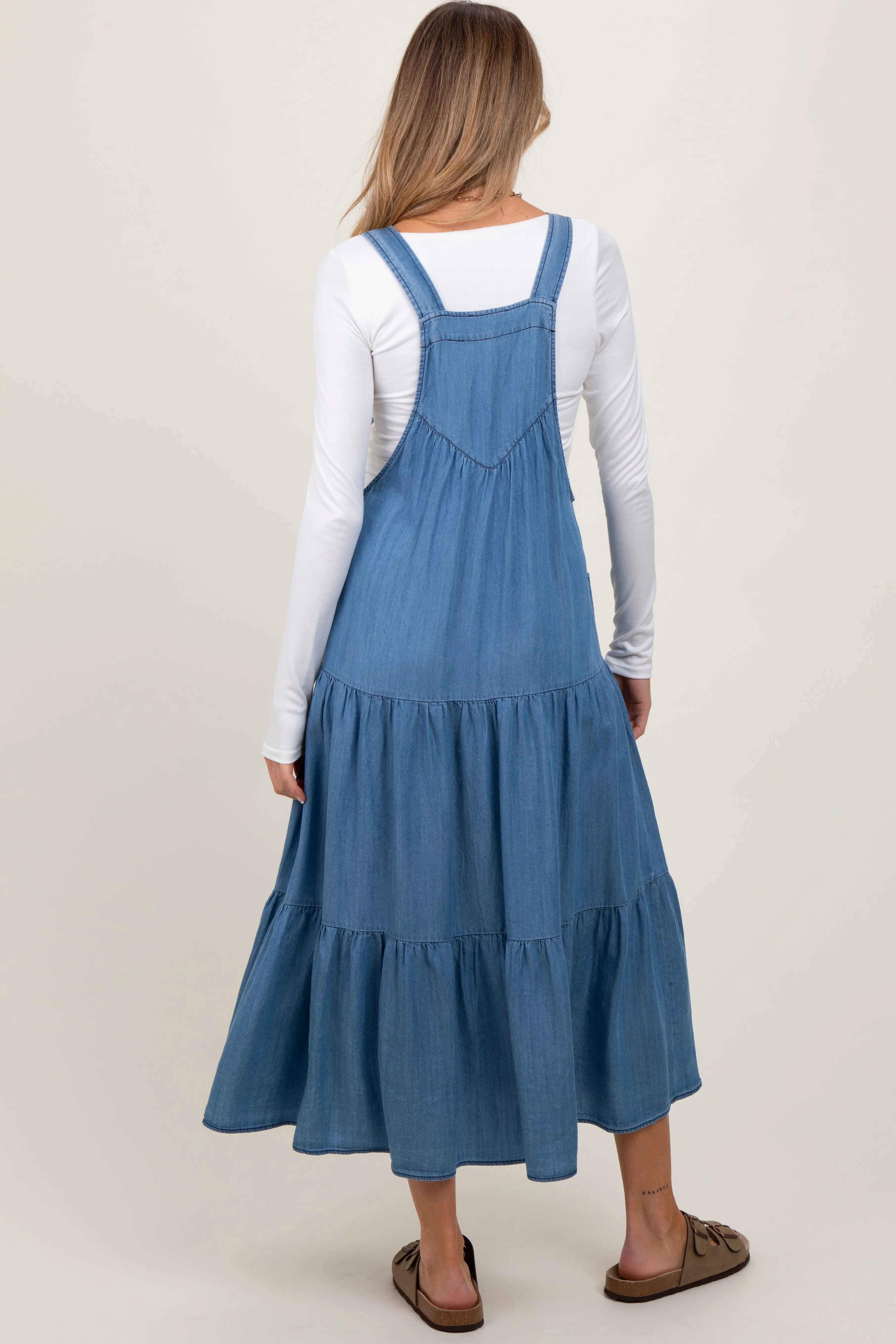 Blue Chambray Overall Tiered Maternity Midi Dress sold by Pinkblush product image thumbnail 4