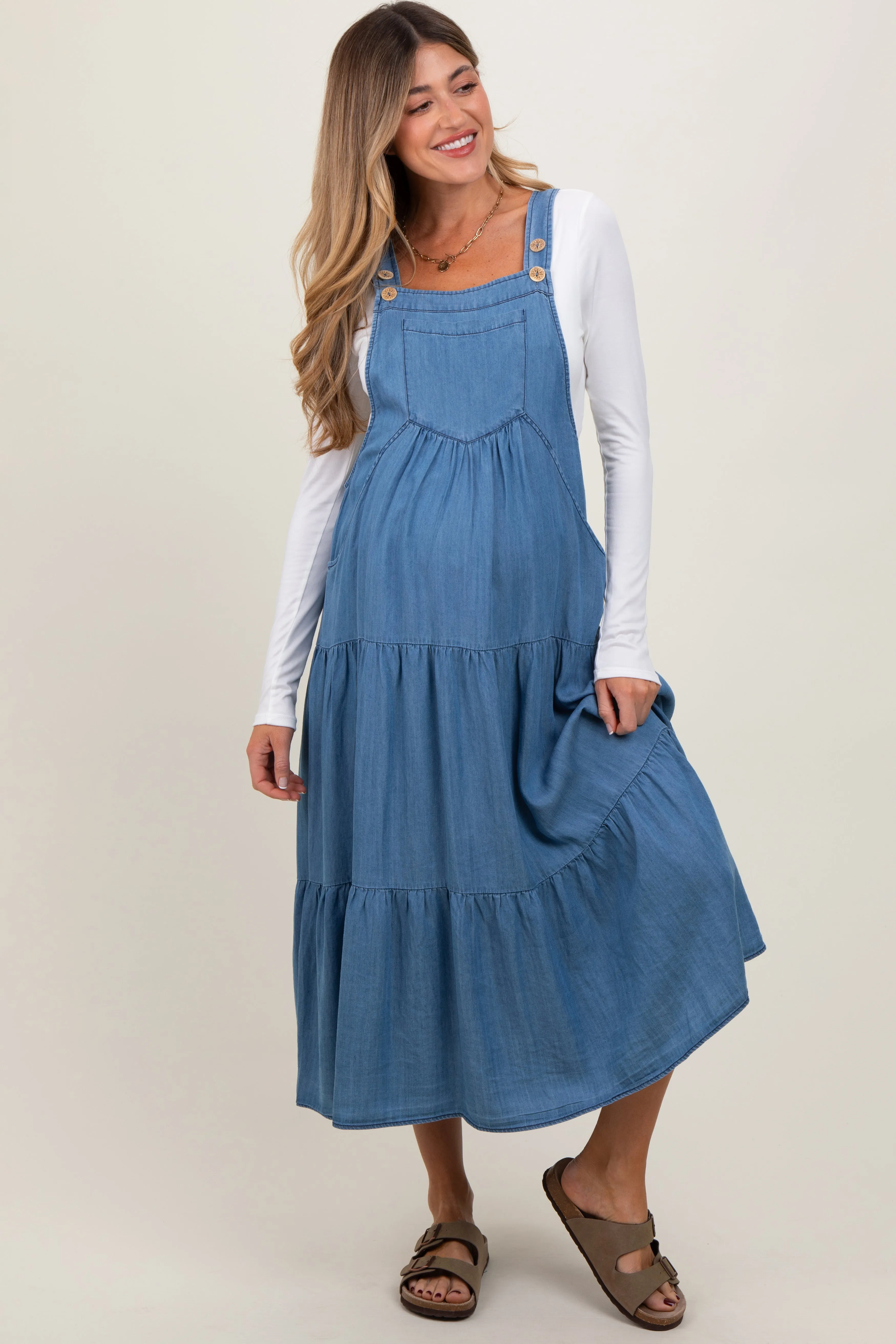 Blue Chambray Overall Tiered Maternity Midi Dress sold by Pinkblush