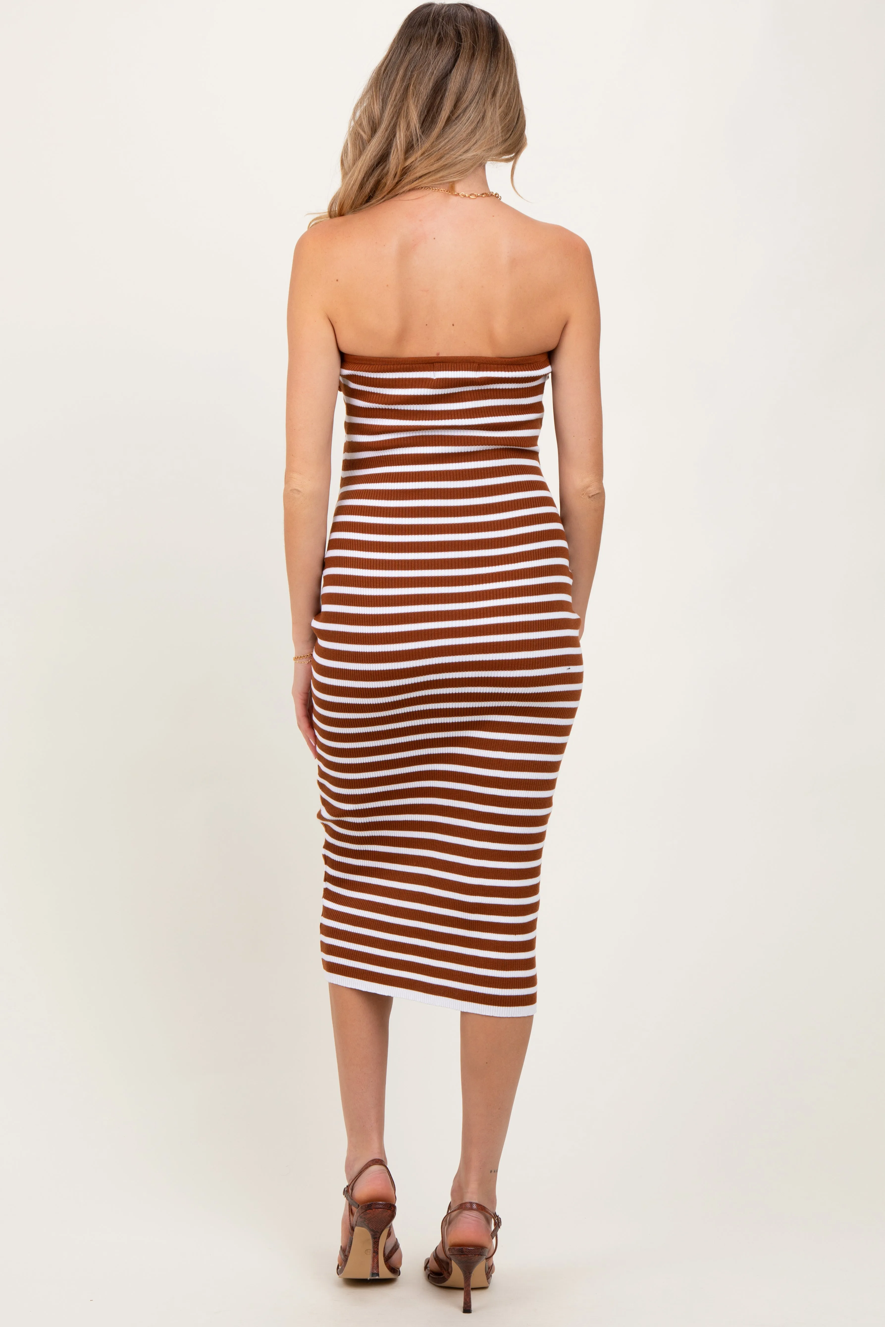 Camel Striped Knit Strapless Maternity Midi Dress sold by Pinkblush product image thumbnail 2