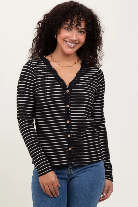 Black Striped Ribbed Long Sleeve Lace Detail Button Down Cardigan sold by Pinkblush