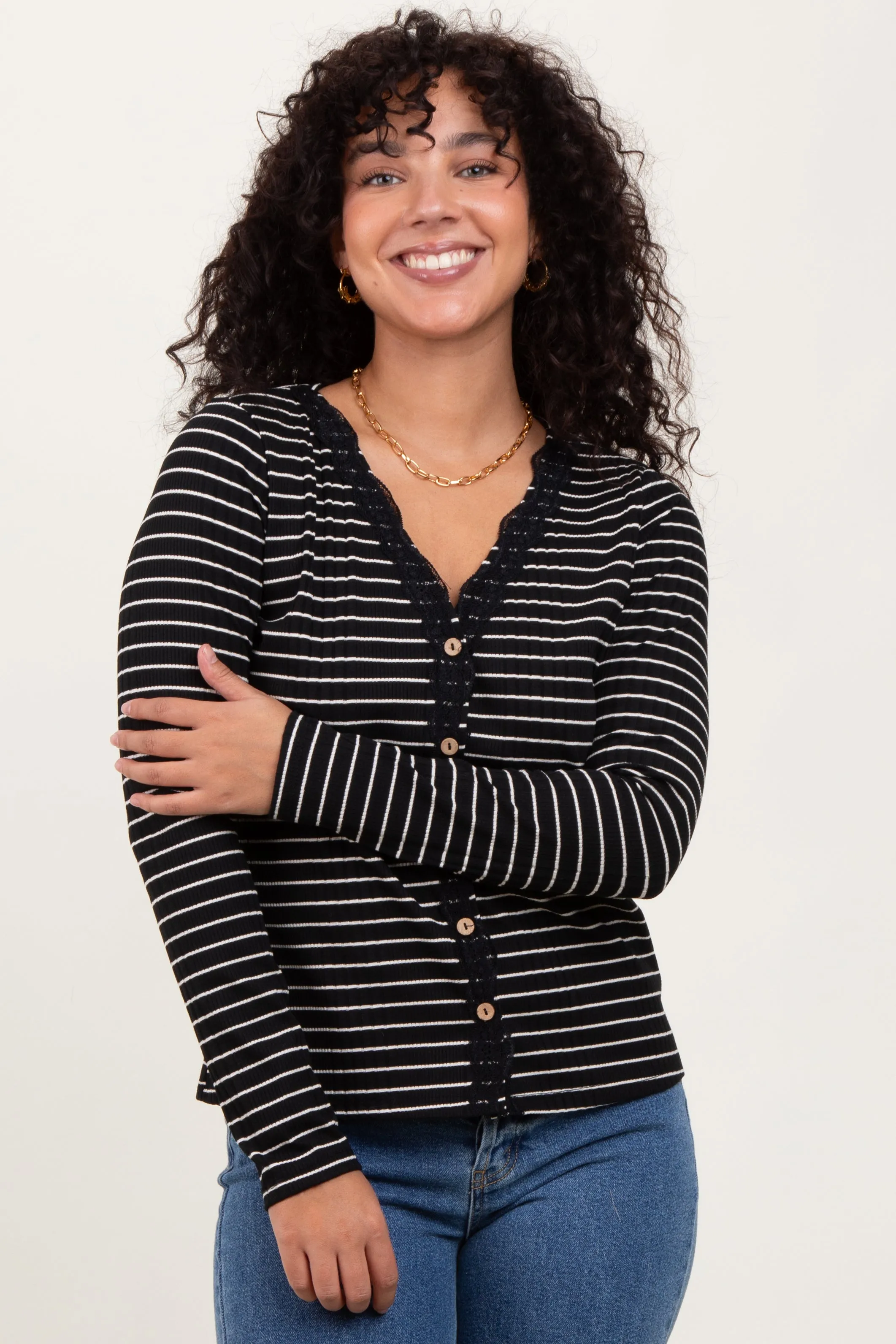 Black Striped Ribbed Long Sleeve Lace Detail Button Down Cardigan sold by Pinkblush product image thumbnail 2