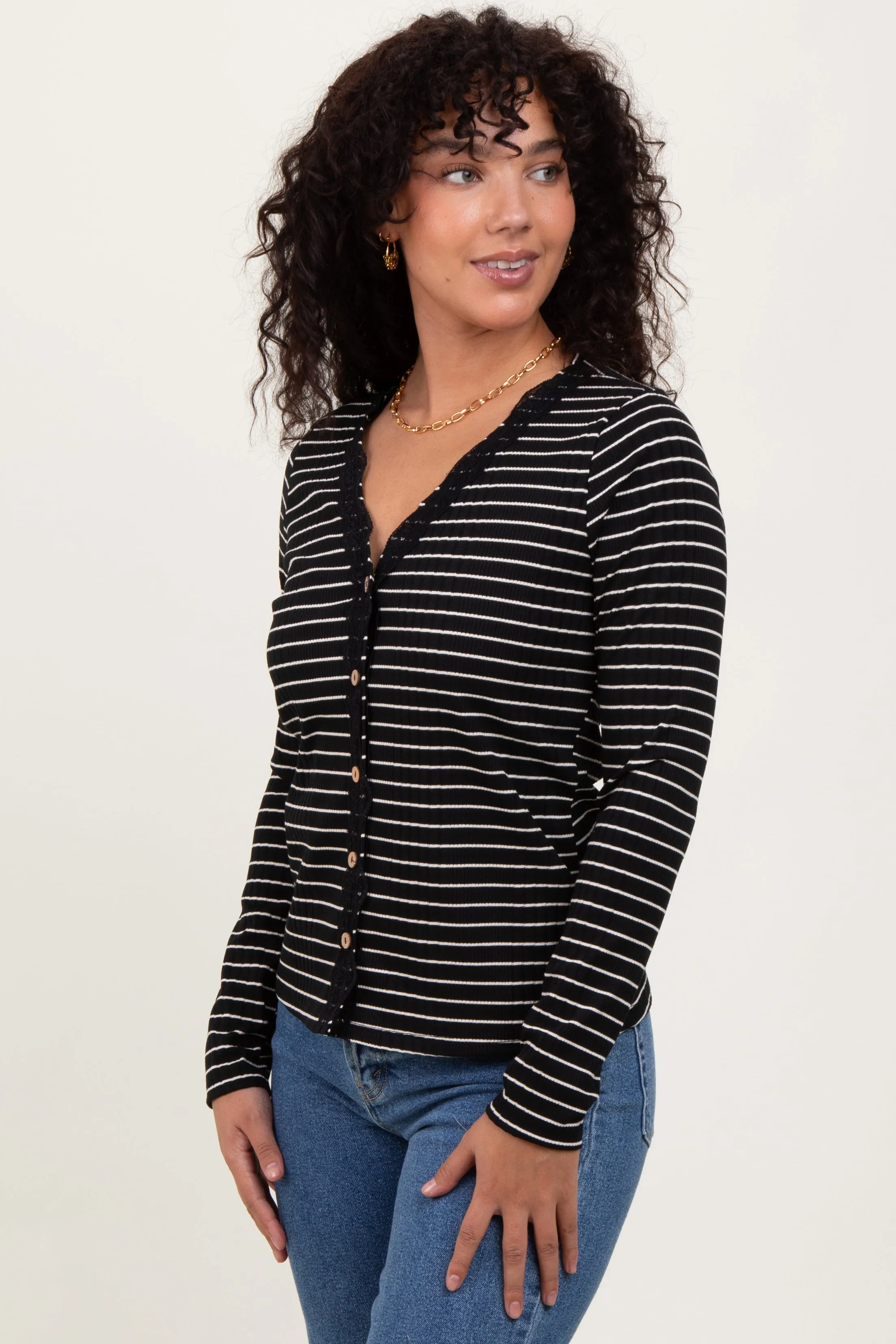 Black Striped Ribbed Long Sleeve Lace Detail Button Down Cardigan sold by Pinkblush product image thumbnail 3