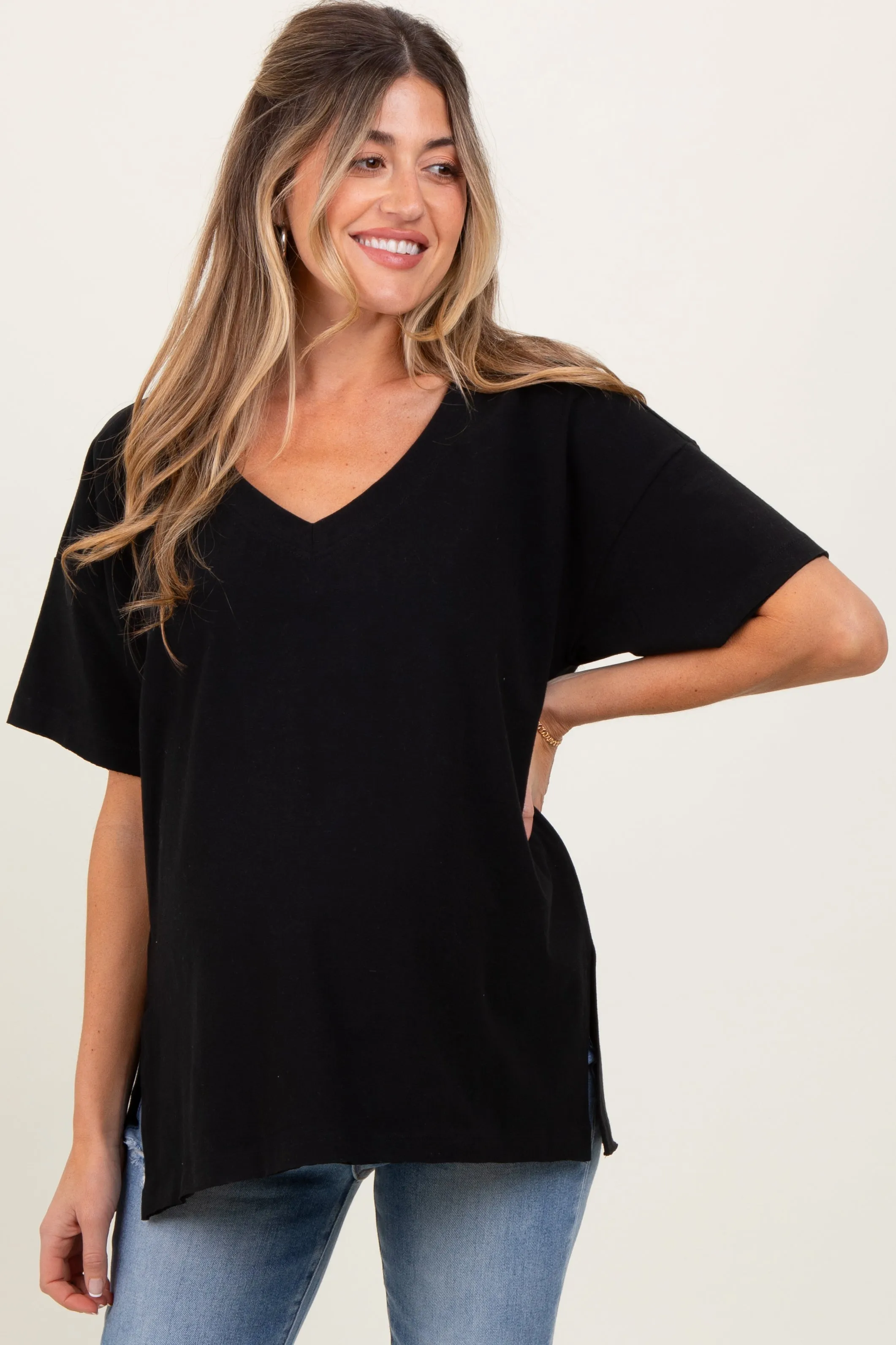Black Oversized V-Neck Side Slit Maternity Tee sold by Pinkblush