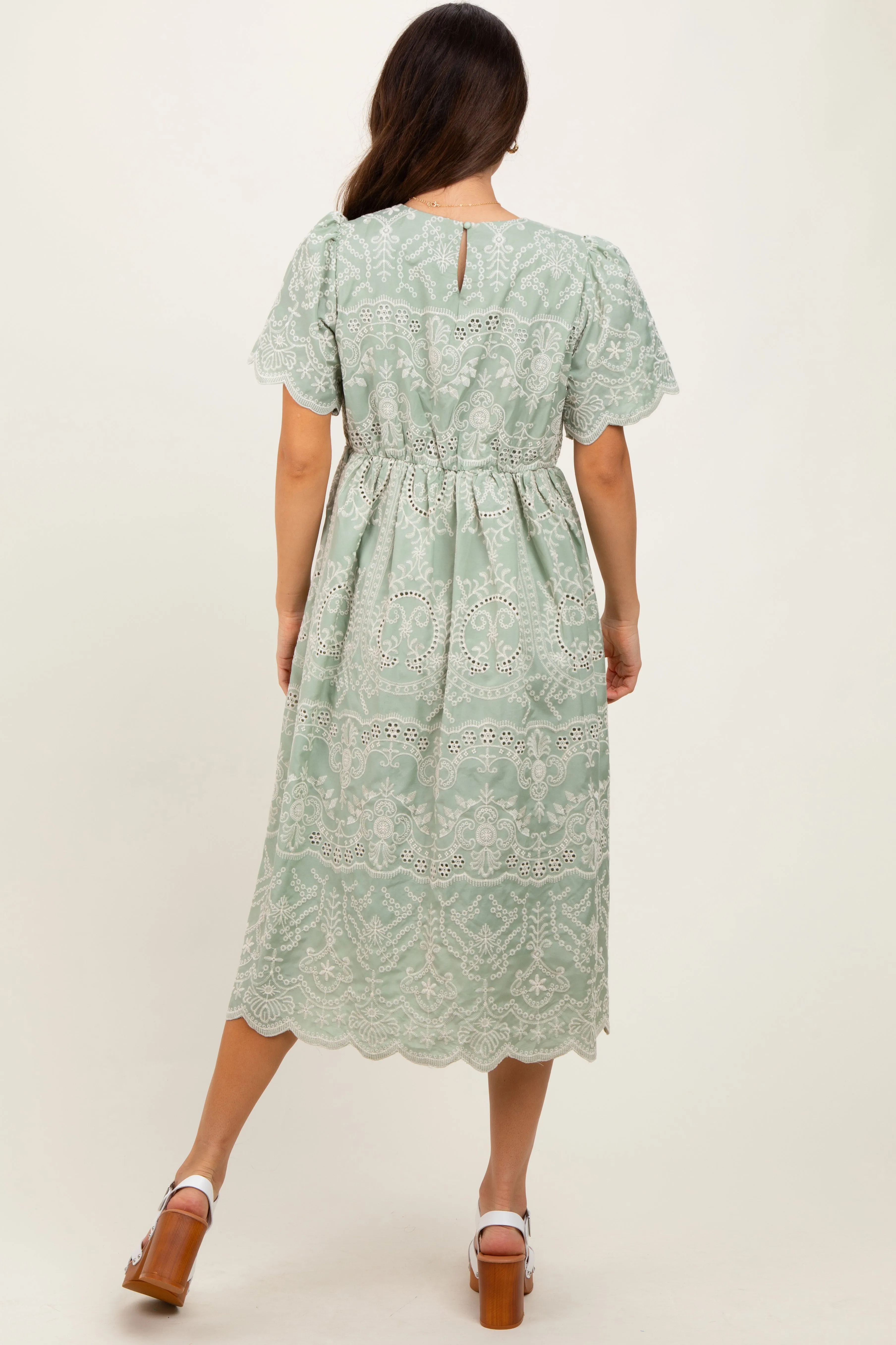 Light Olive Floral Embroidered Tied Waist Midi Dress sold by Pinkblush product image thumbnail 3