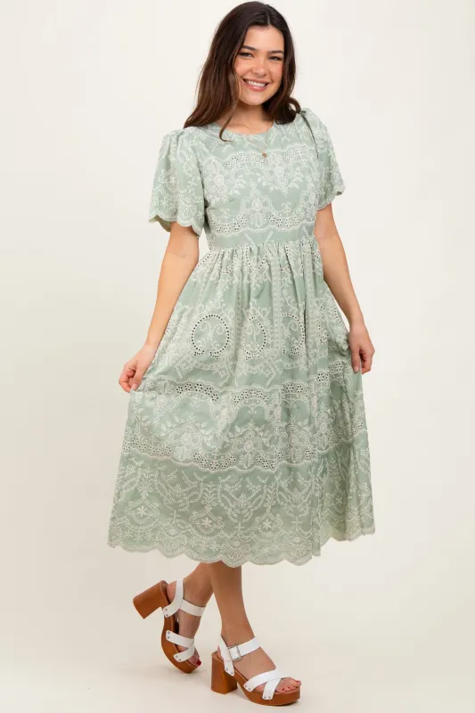 Light Olive Floral Embroidered Tied Waist Midi Dress sold by Pinkblush
