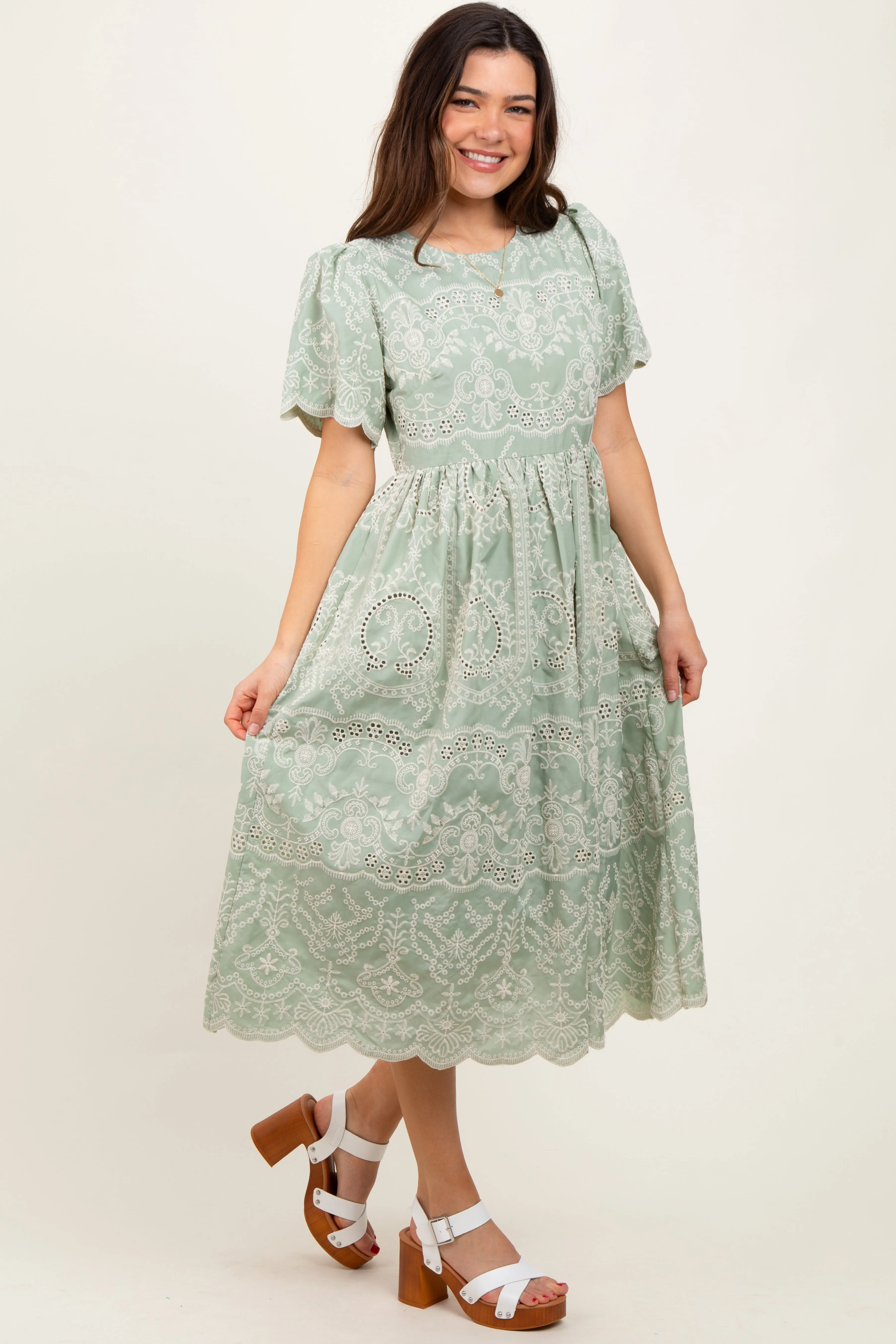 Light Olive Floral Embroidered Tied Waist Midi Dress sold by Pinkblush