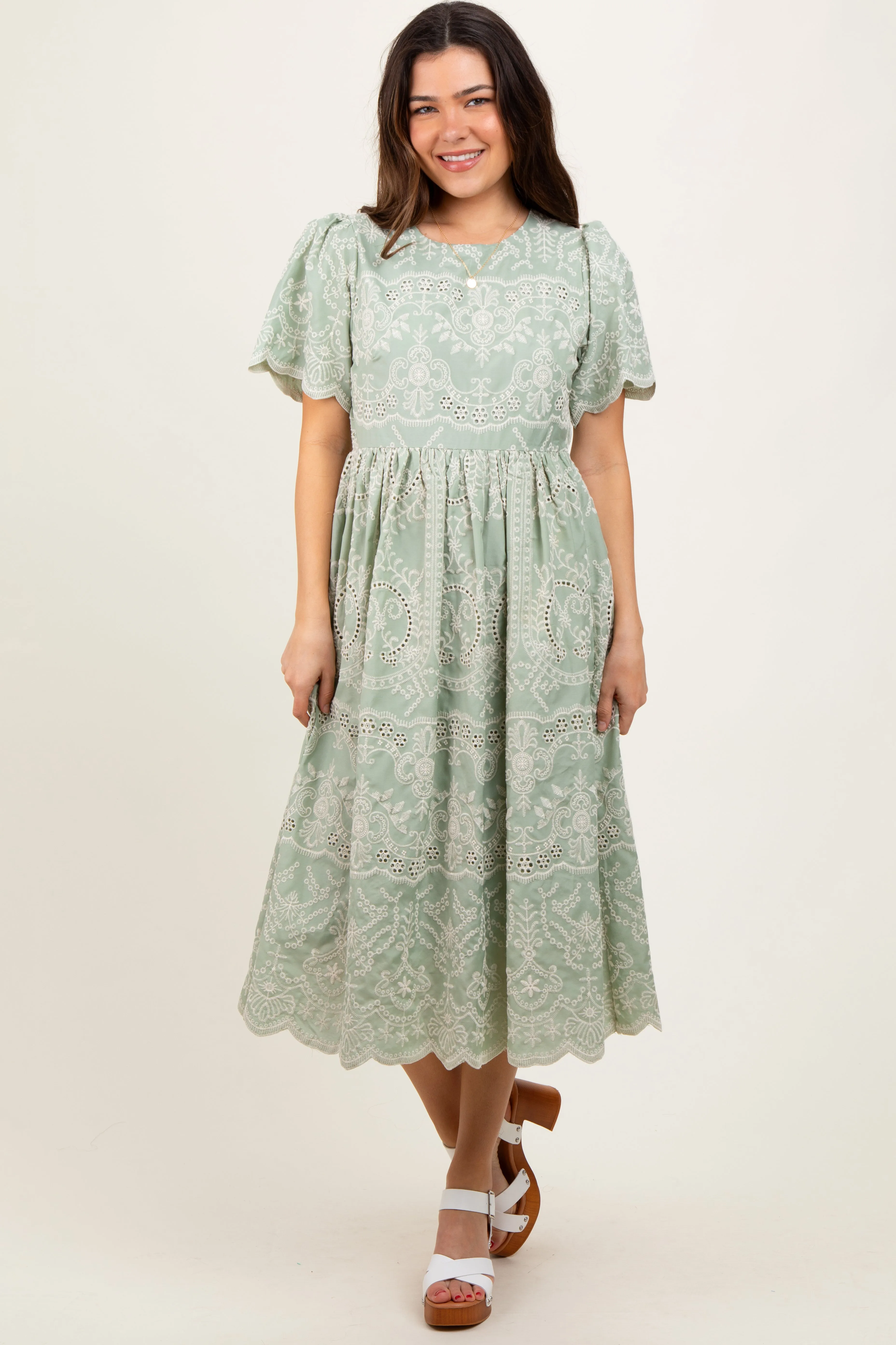 Light Olive Floral Embroidered Tied Waist Midi Dress sold by Pinkblush product image thumbnail 2