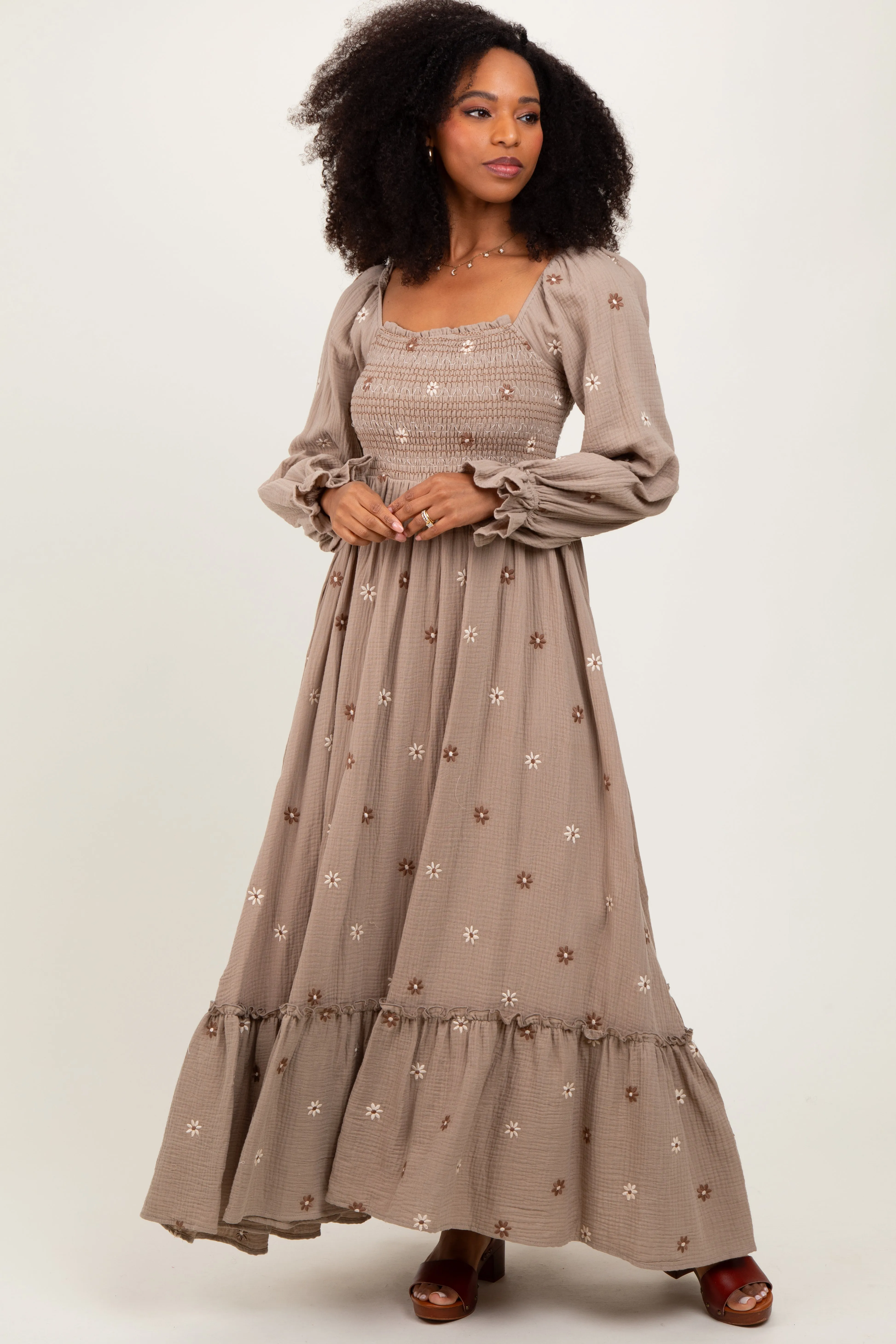 Grey Taupe Long Sleeve Floral Accent Maternity Dress sold by Pinkblush product image thumbnail 4