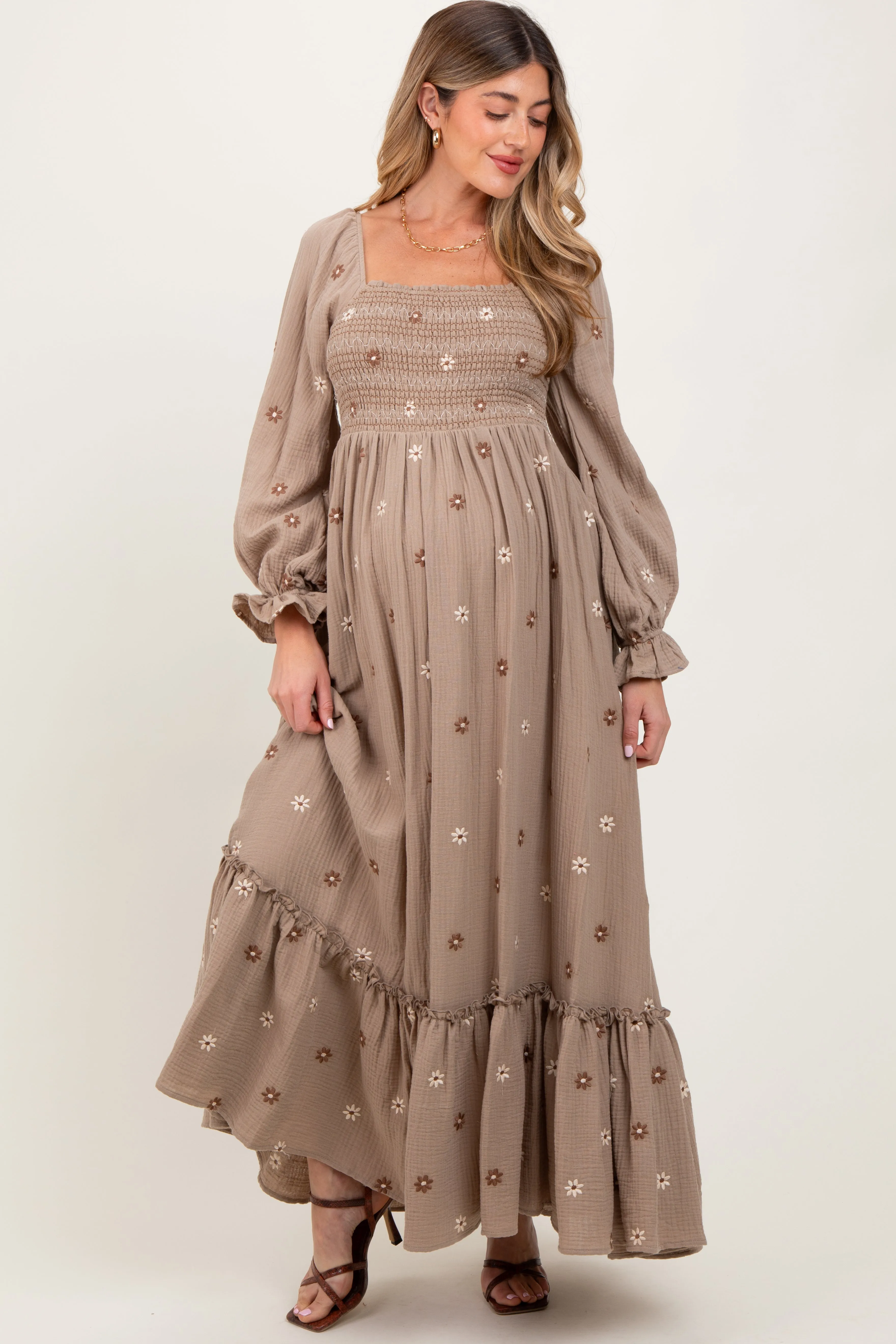 Grey Taupe Long Sleeve Floral Accent Maternity Dress sold by Pinkblush