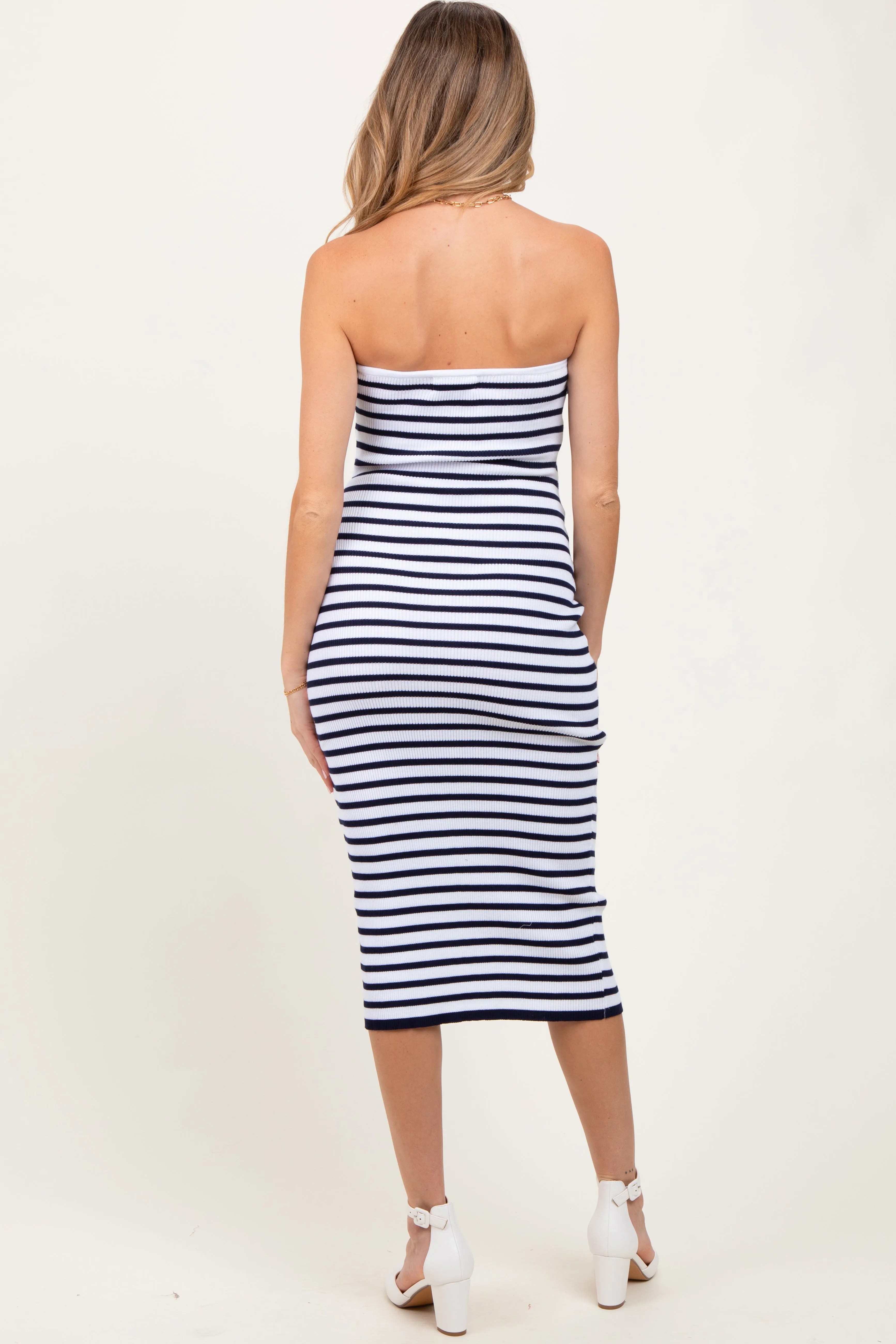 Navy Striped Knit Strapless Maternity Midi Dress sold by Pinkblush product image thumbnail 4