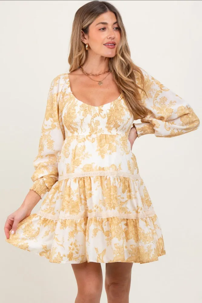 Yellow Floral Smocked Bubble Sleeve Tiered Maternity Dress sold by Pinkblush
