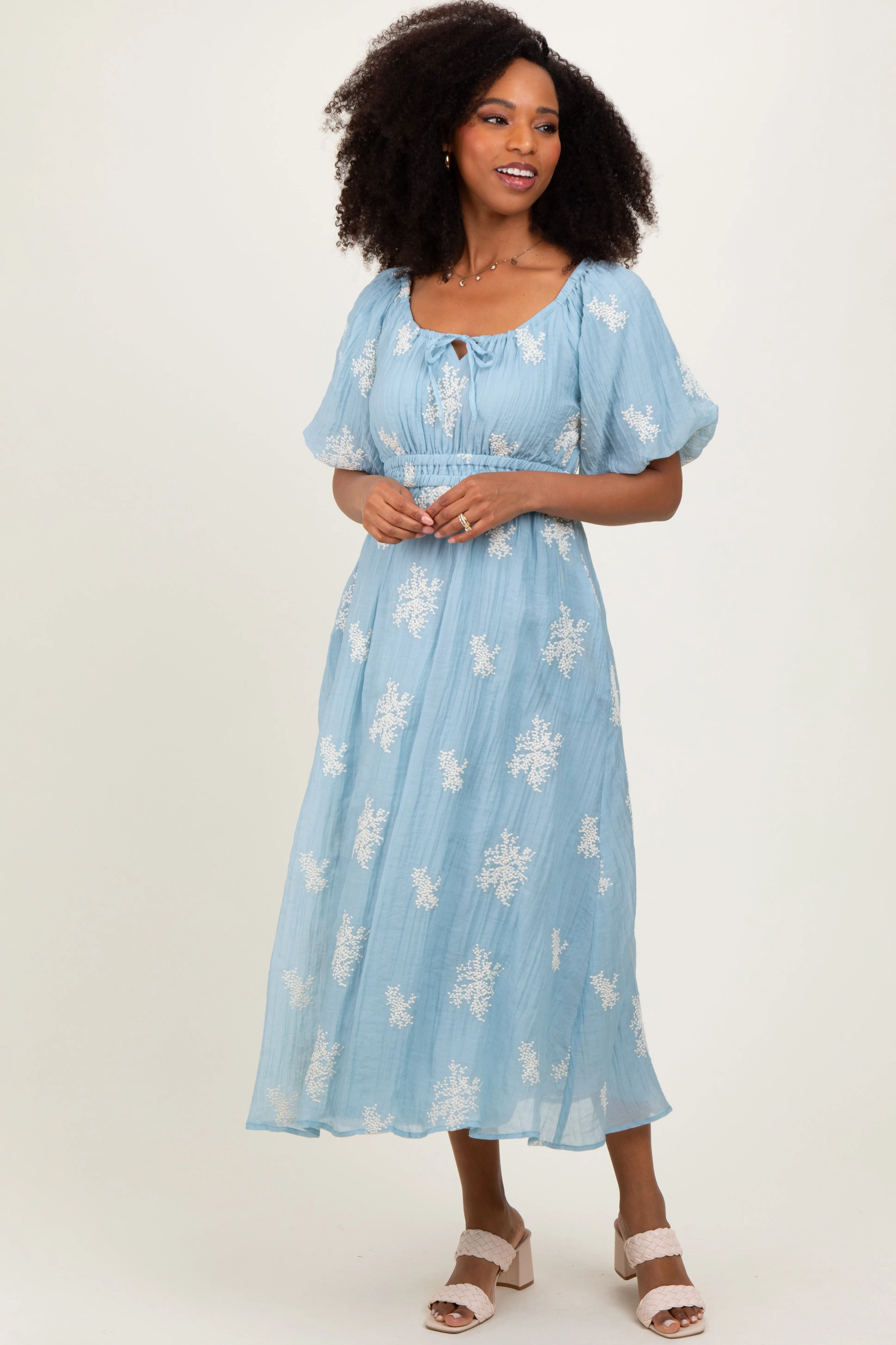Light Blue Floral Embroidered Puff Sleeve Midi Dress sold by Pinkblush product image thumbnail 2