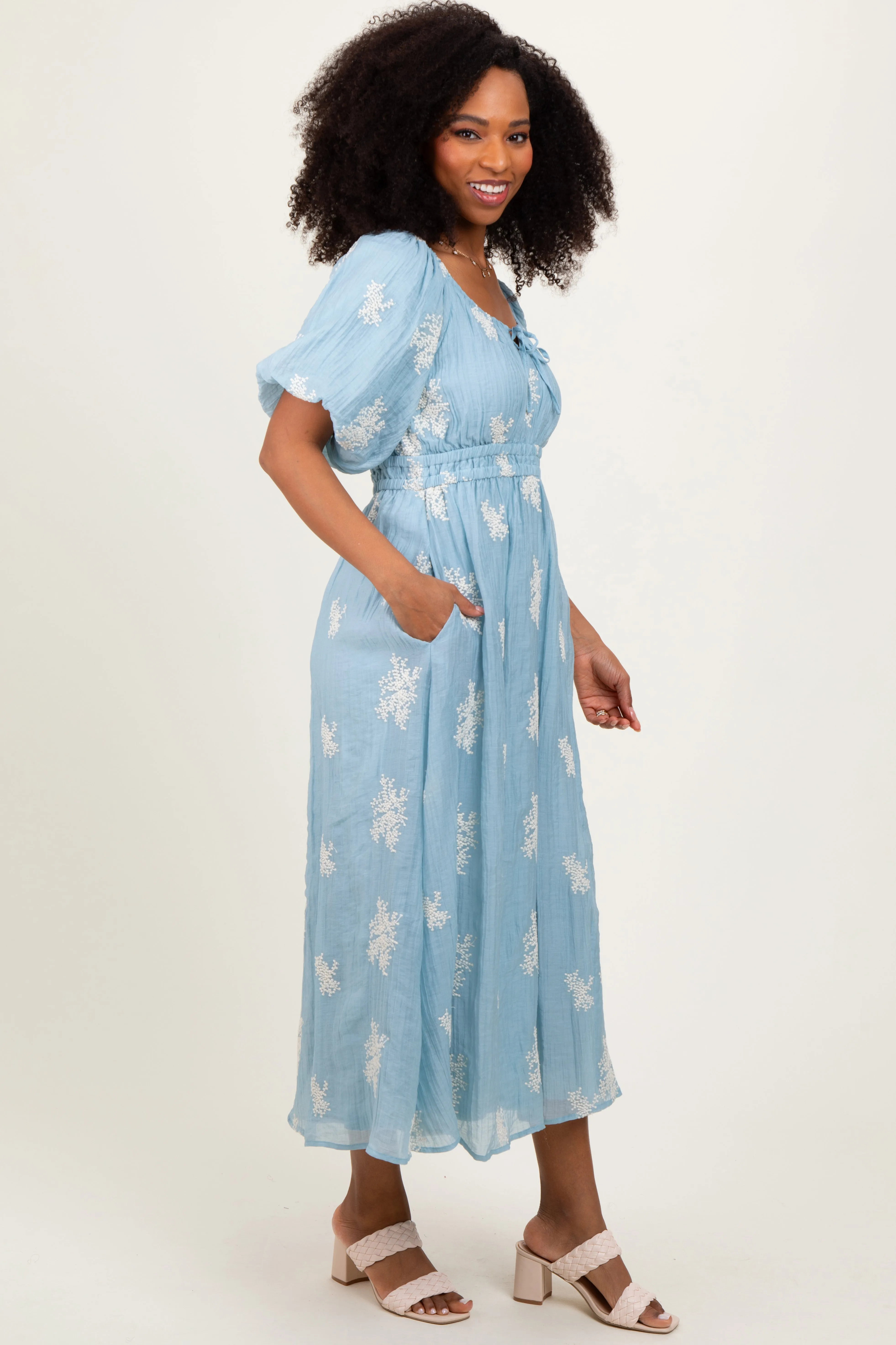 Light Blue Floral Embroidered Puff Sleeve Midi Dress sold by Pinkblush product image thumbnail 3