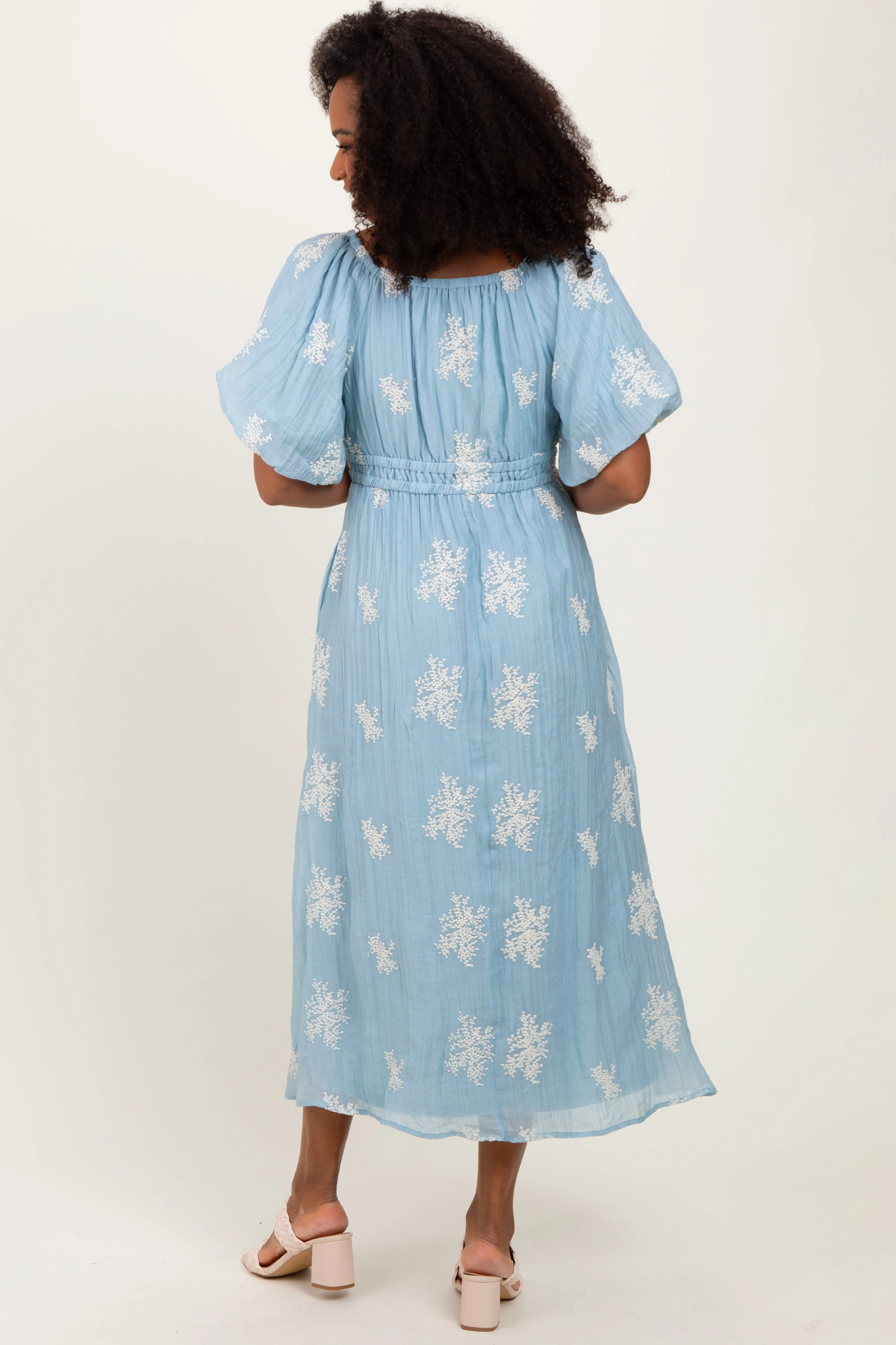 Light Blue Floral Embroidered Puff Sleeve Midi Dress sold by Pinkblush product image thumbnail 4