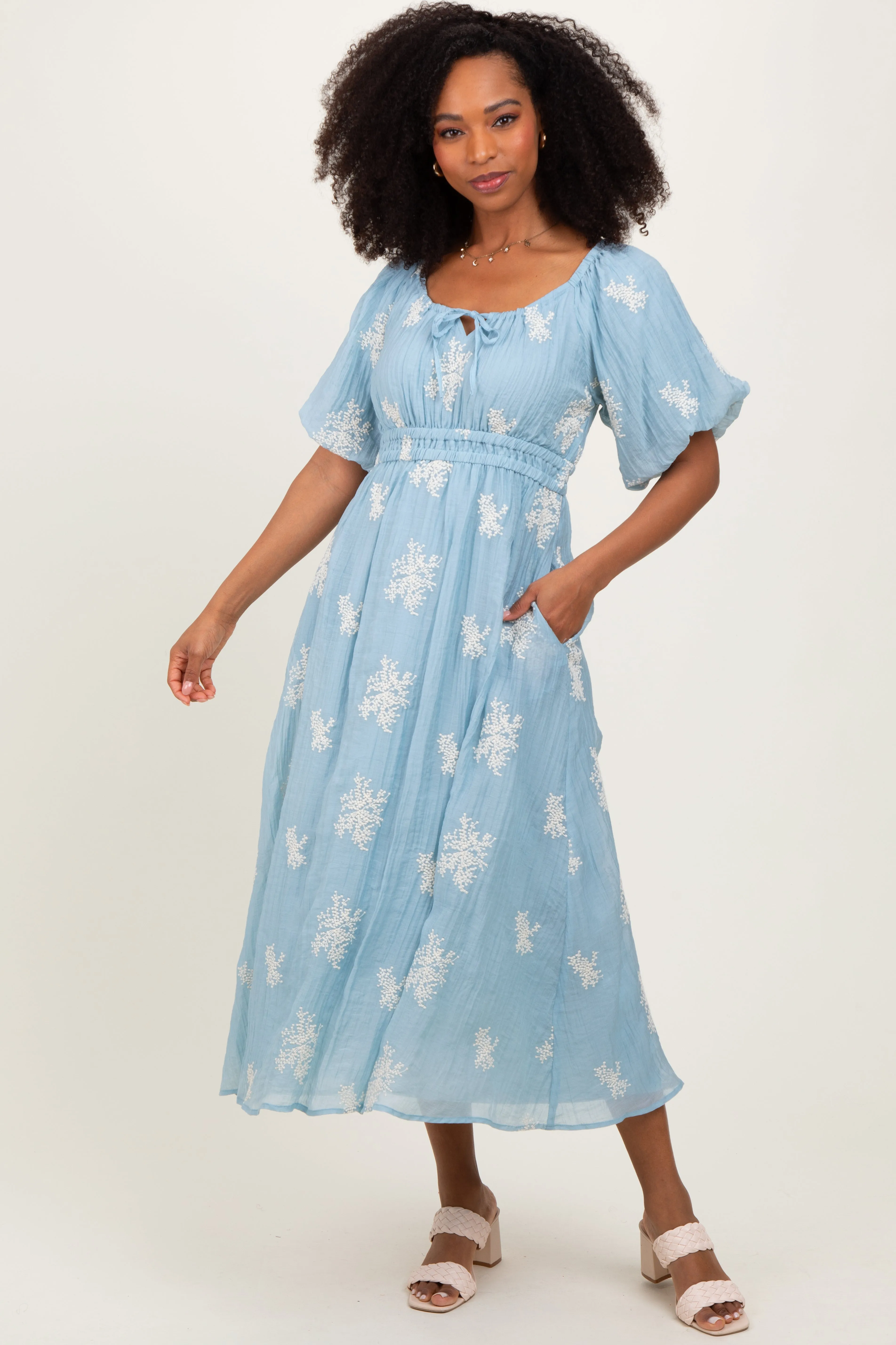 Light Blue Floral Embroidered Puff Sleeve Midi Dress sold by Pinkblush