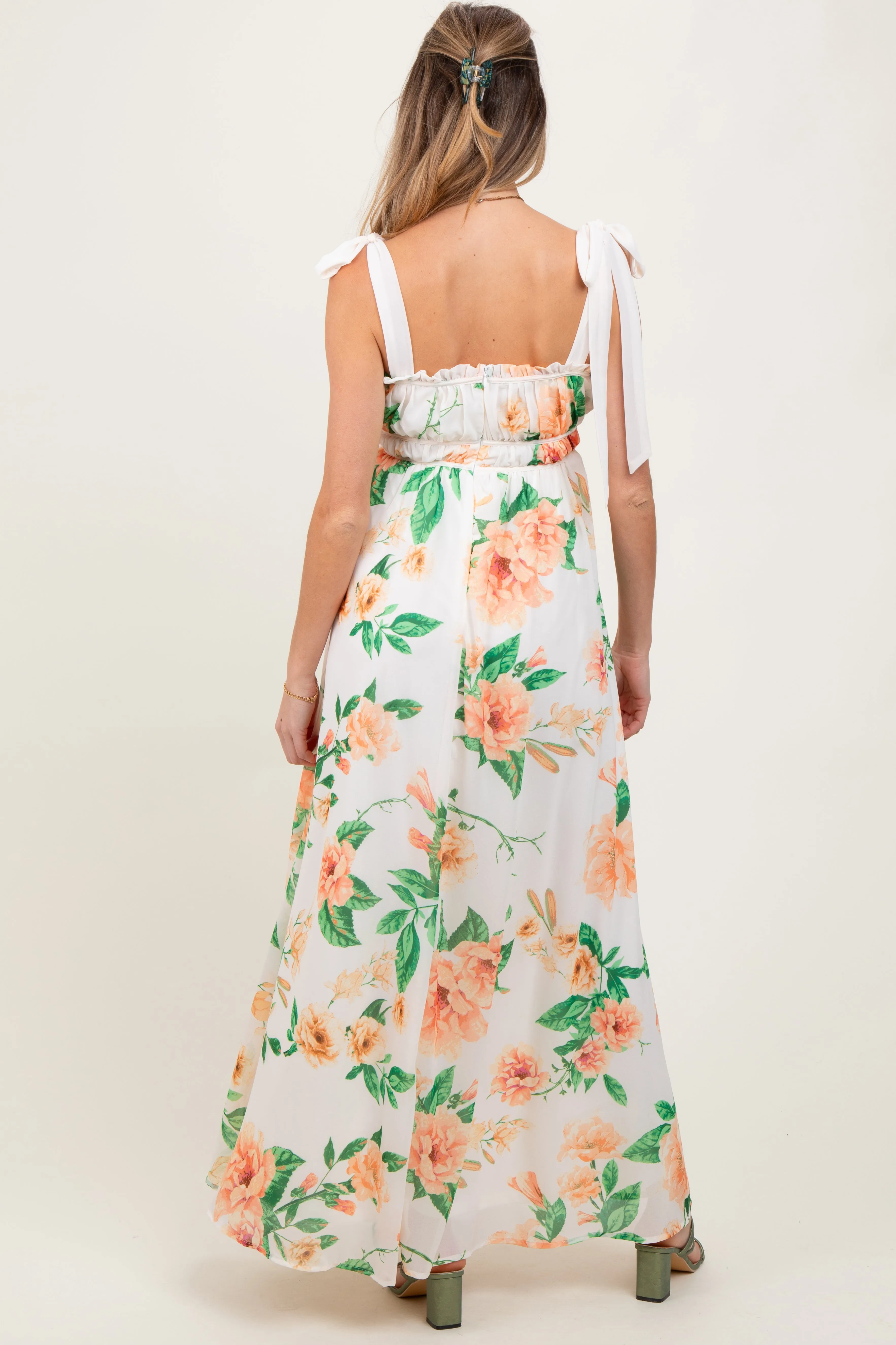 Peach Tropical Floral Shoulder Tie Maternity Maxi Dress sold by Pinkblush product image thumbnail 3