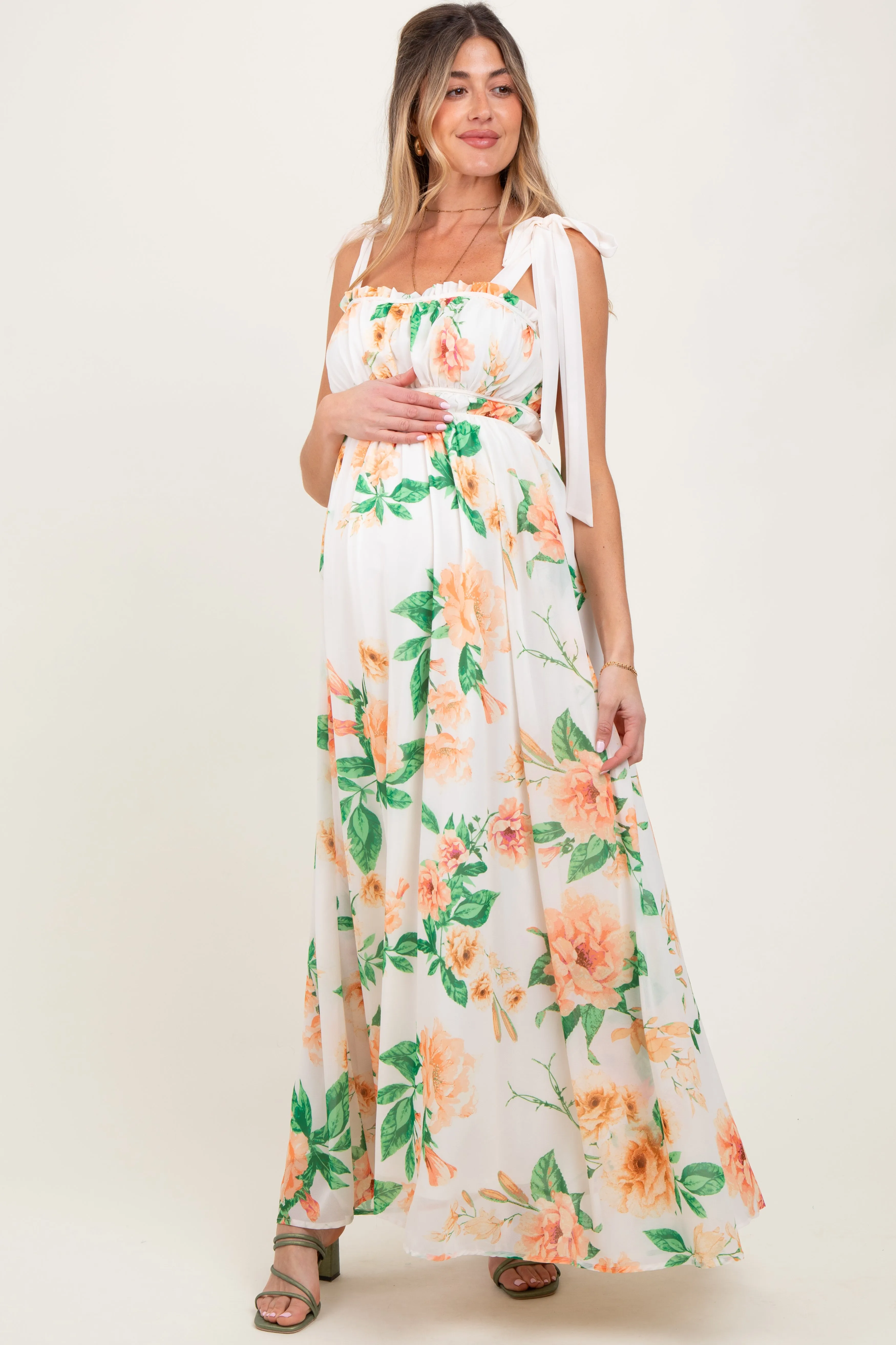 Peach Tropical Floral Shoulder Tie Maternity Maxi Dress sold by Pinkblush